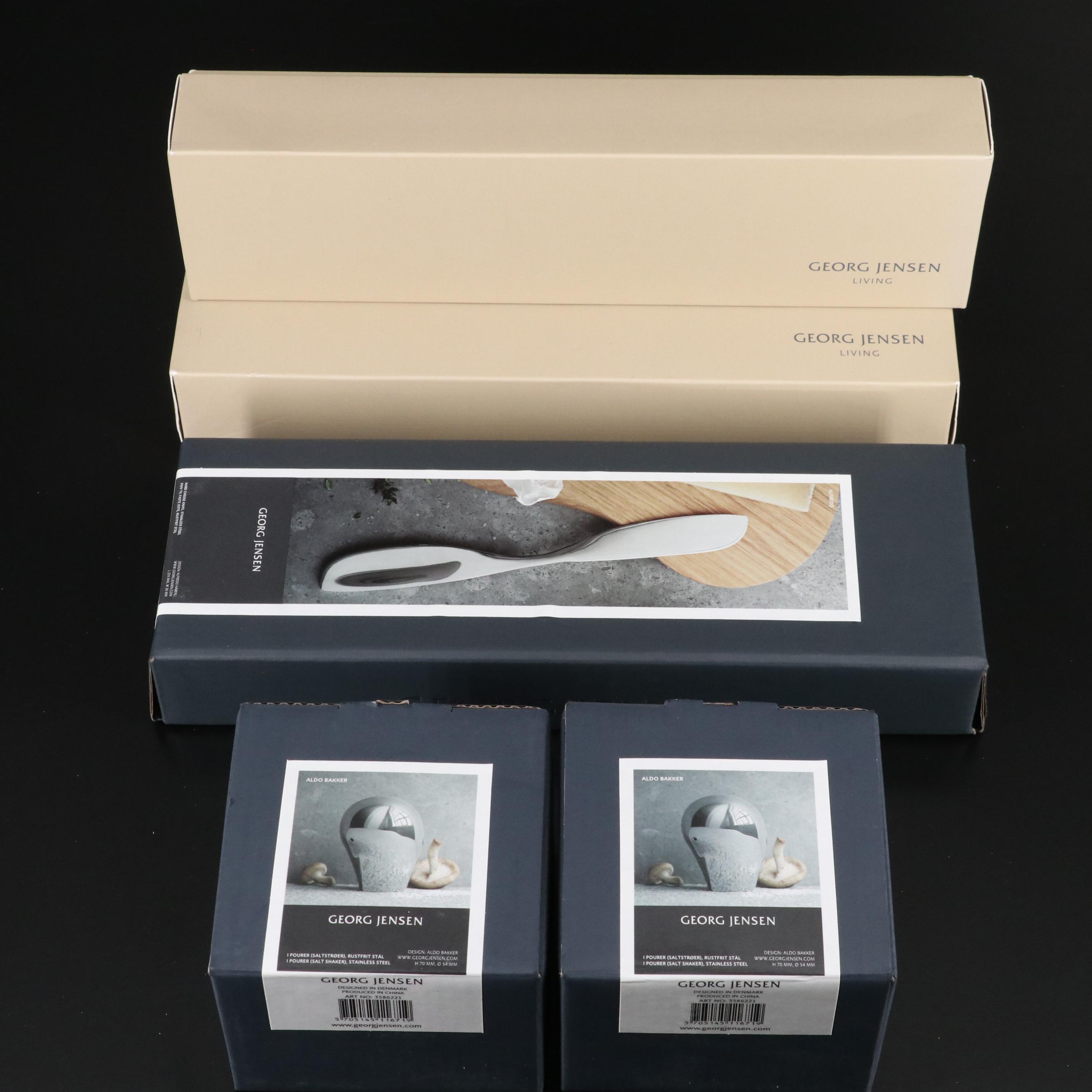 Georg Jensen Stainless Steel Shakers, Dinner Knife Set, and Cheese Knife