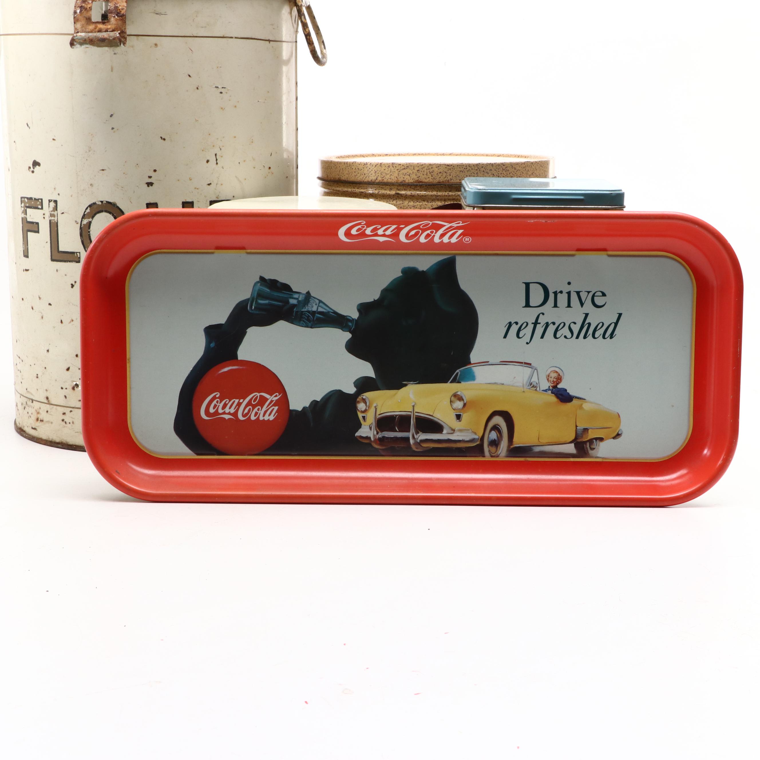 Flour, Saltines, Chips, and Marshmallows Metal Canisters with Coca-Cola Tray