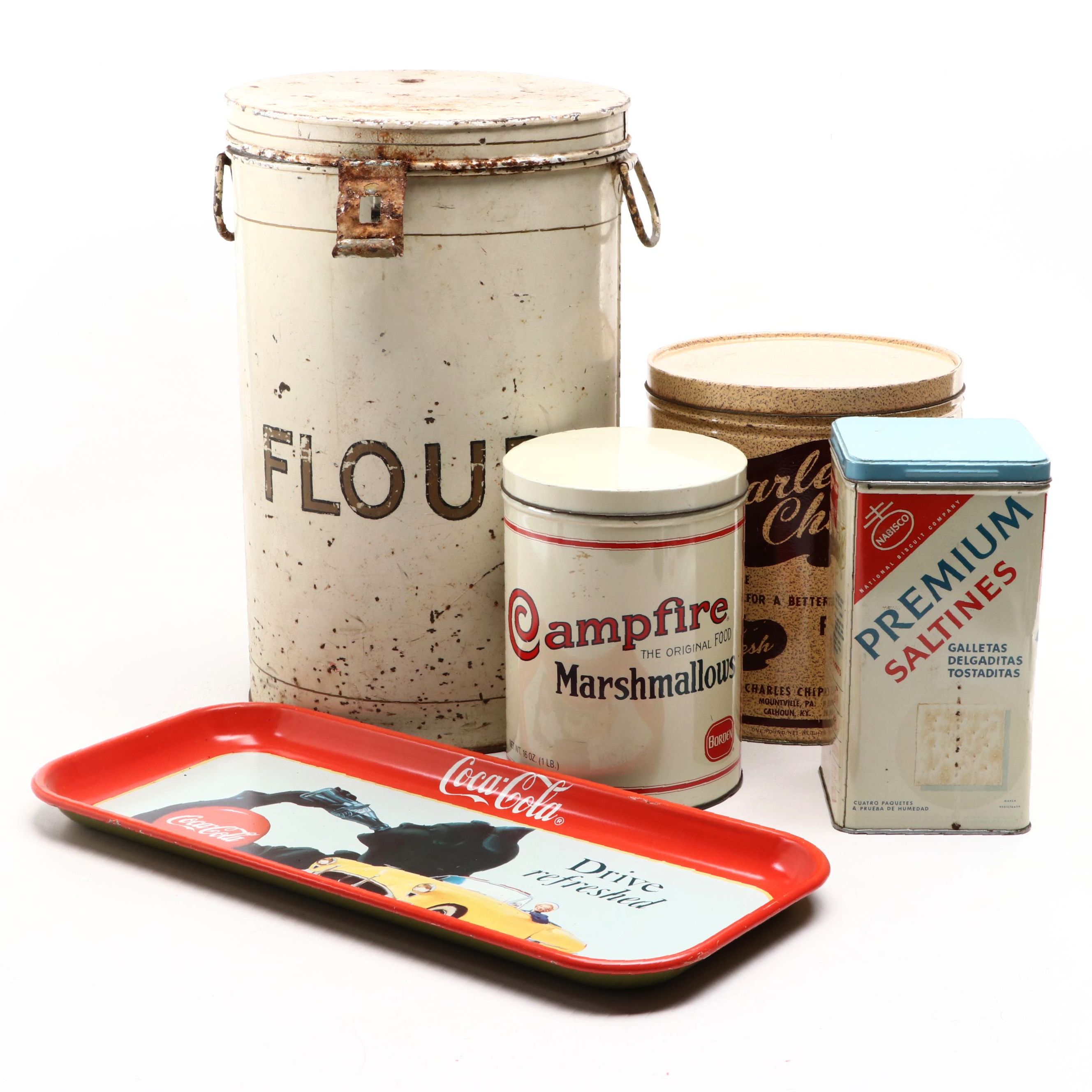Flour, Saltines, Chips, and Marshmallows Metal Canisters with Coca-Cola Tray