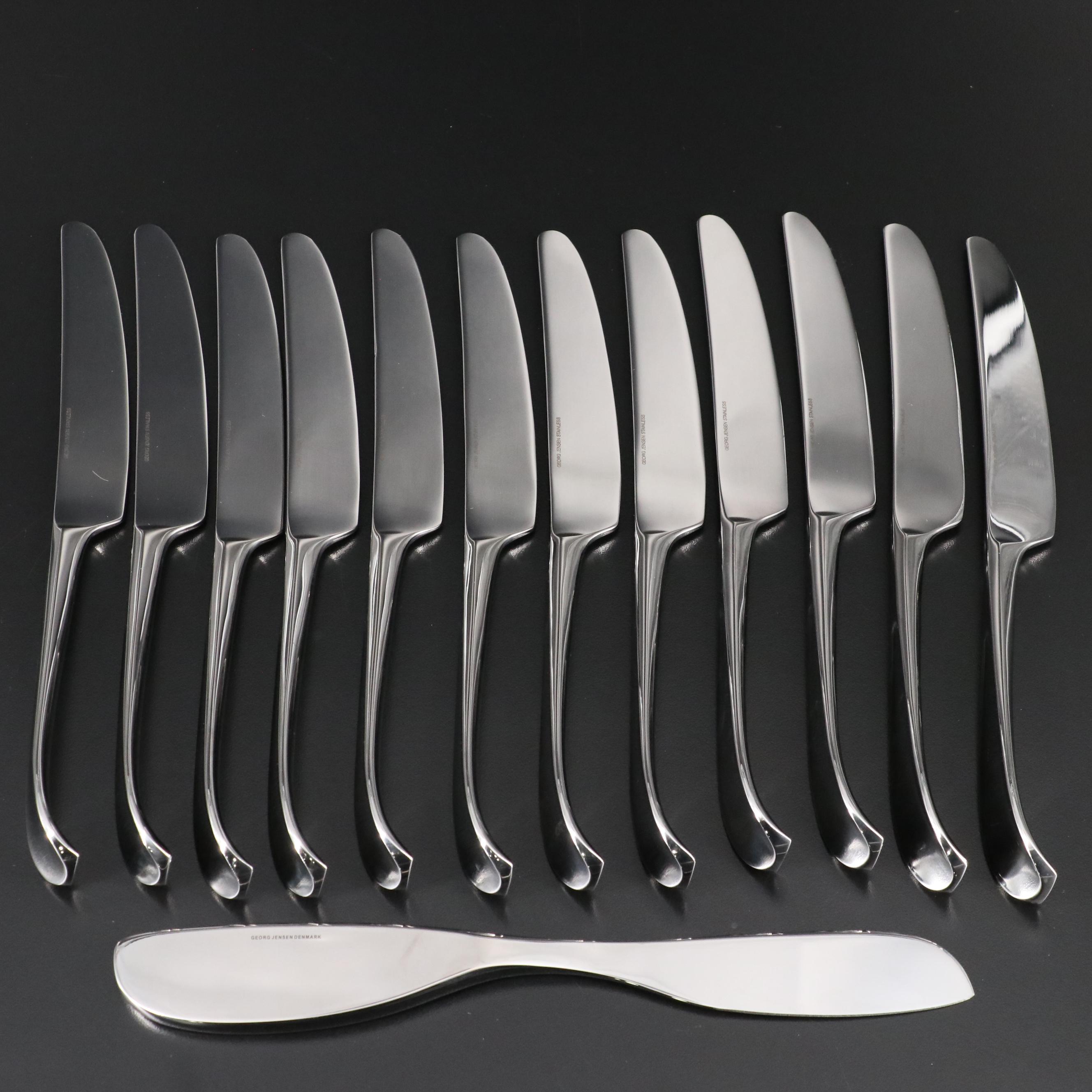 Georg Jensen Stainless Steel Shakers, Dinner Knife Set, and Cheese Knife