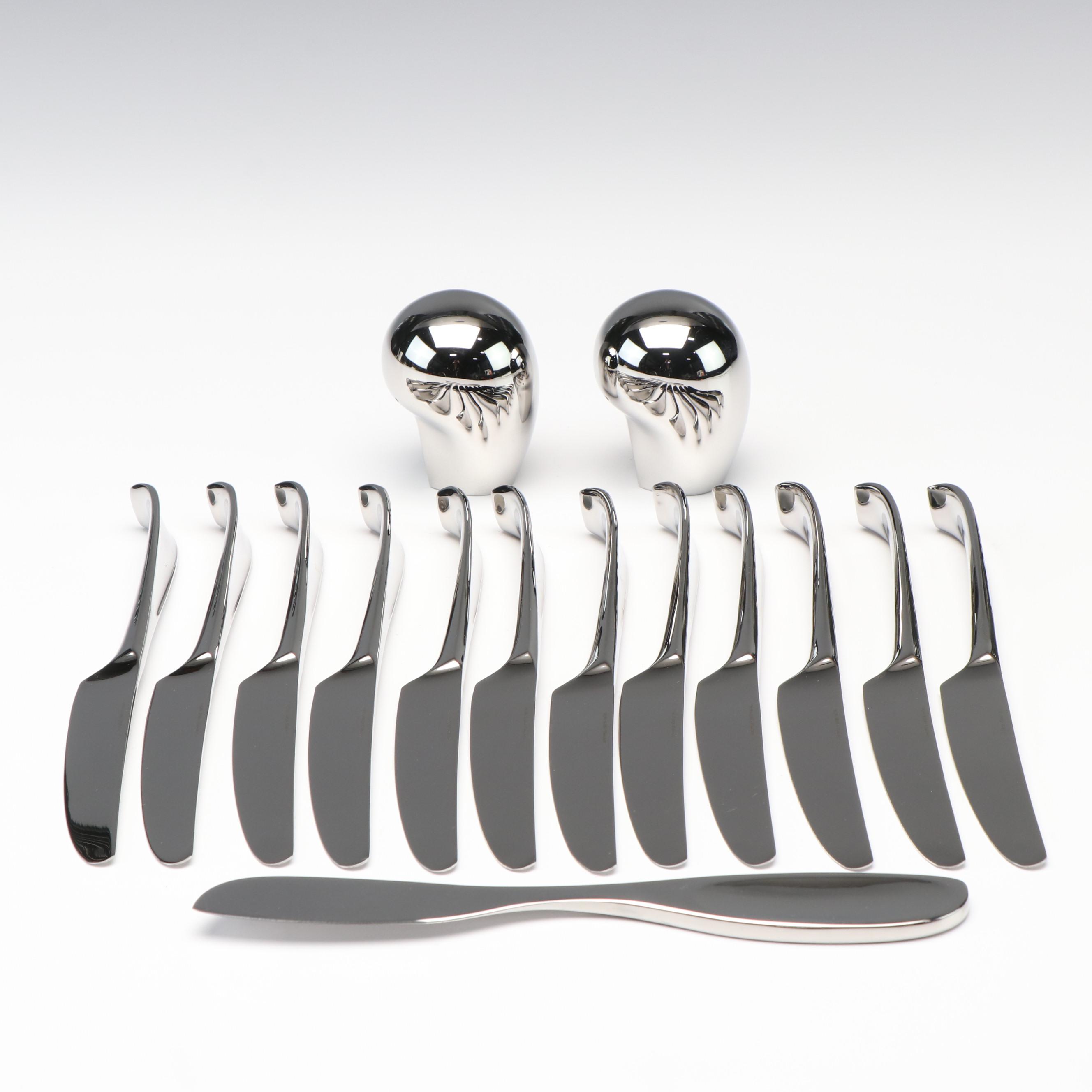 Georg Jensen Stainless Steel Shakers, Dinner Knife Set, and Cheese Knife