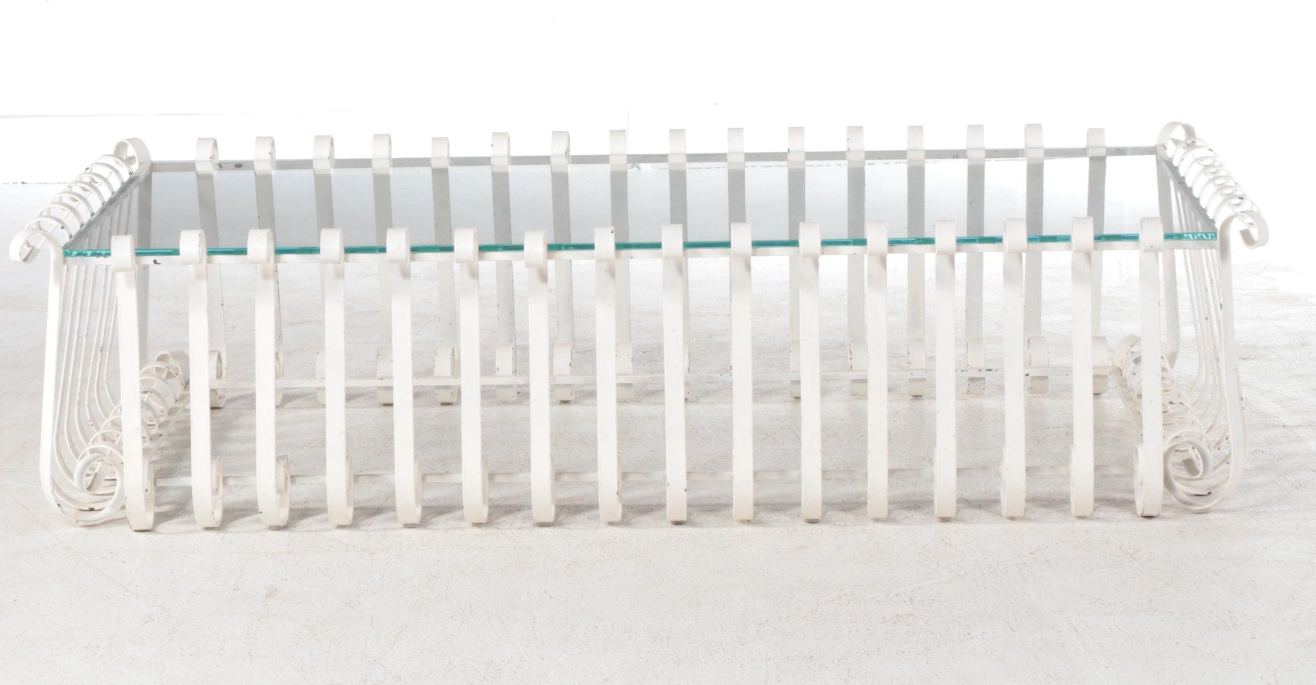 Large Modernist Scrolled Iron & Glass Top Coffee Table, Mid to Late 20th Century