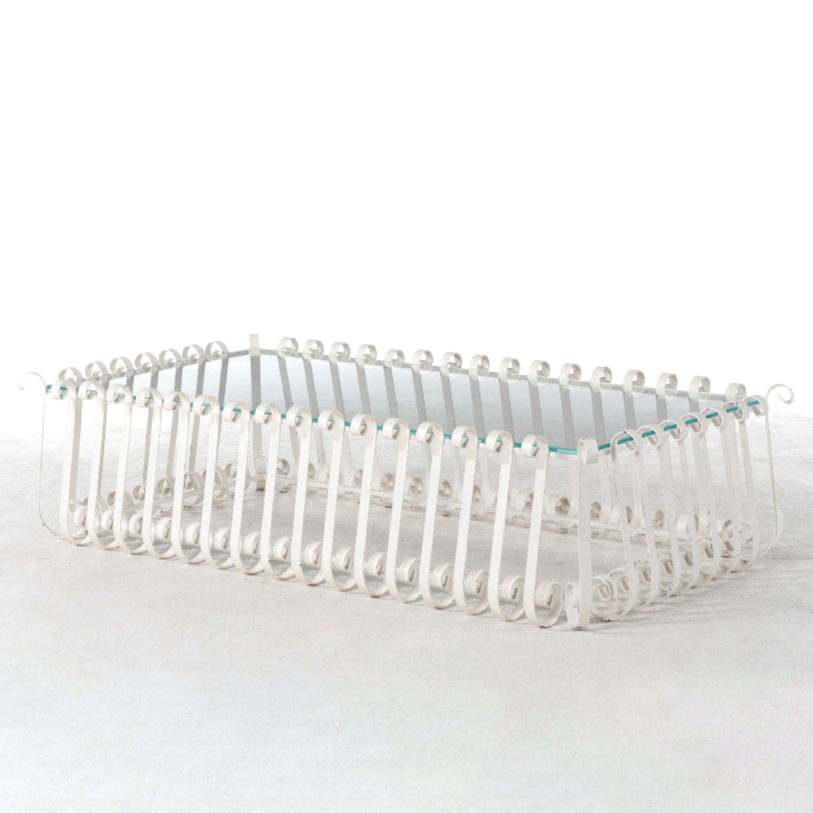 Large Modernist Scrolled Iron & Glass Top Coffee Table, Mid to Late 20th Century