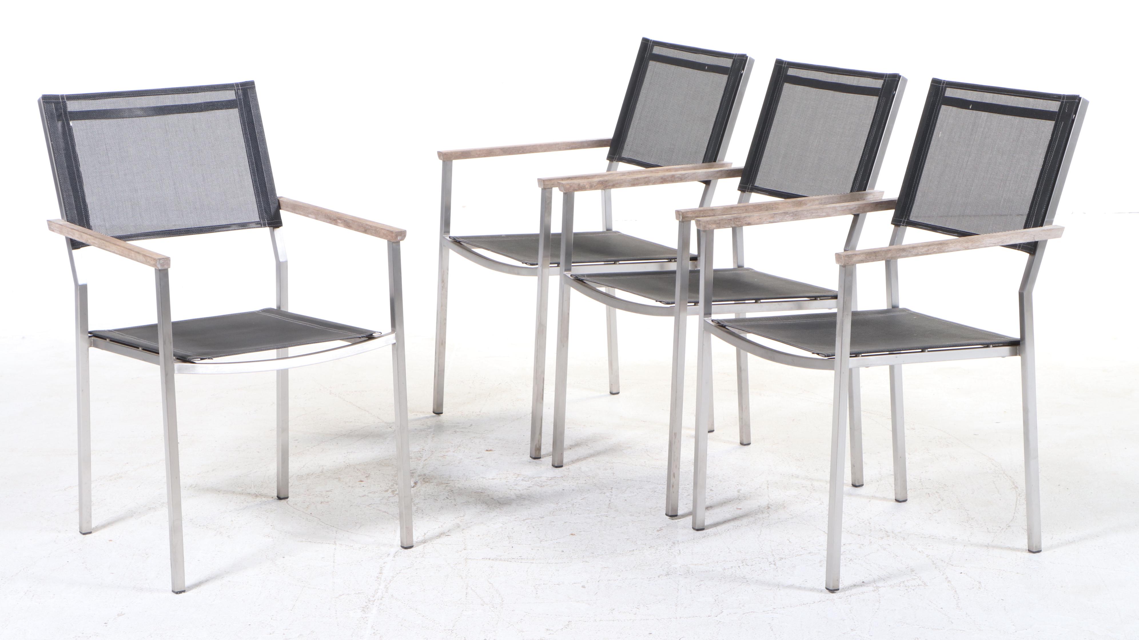 Five-Piece Gloster Modernist Style Brushed Aluminum and Teak Patio Dining Set