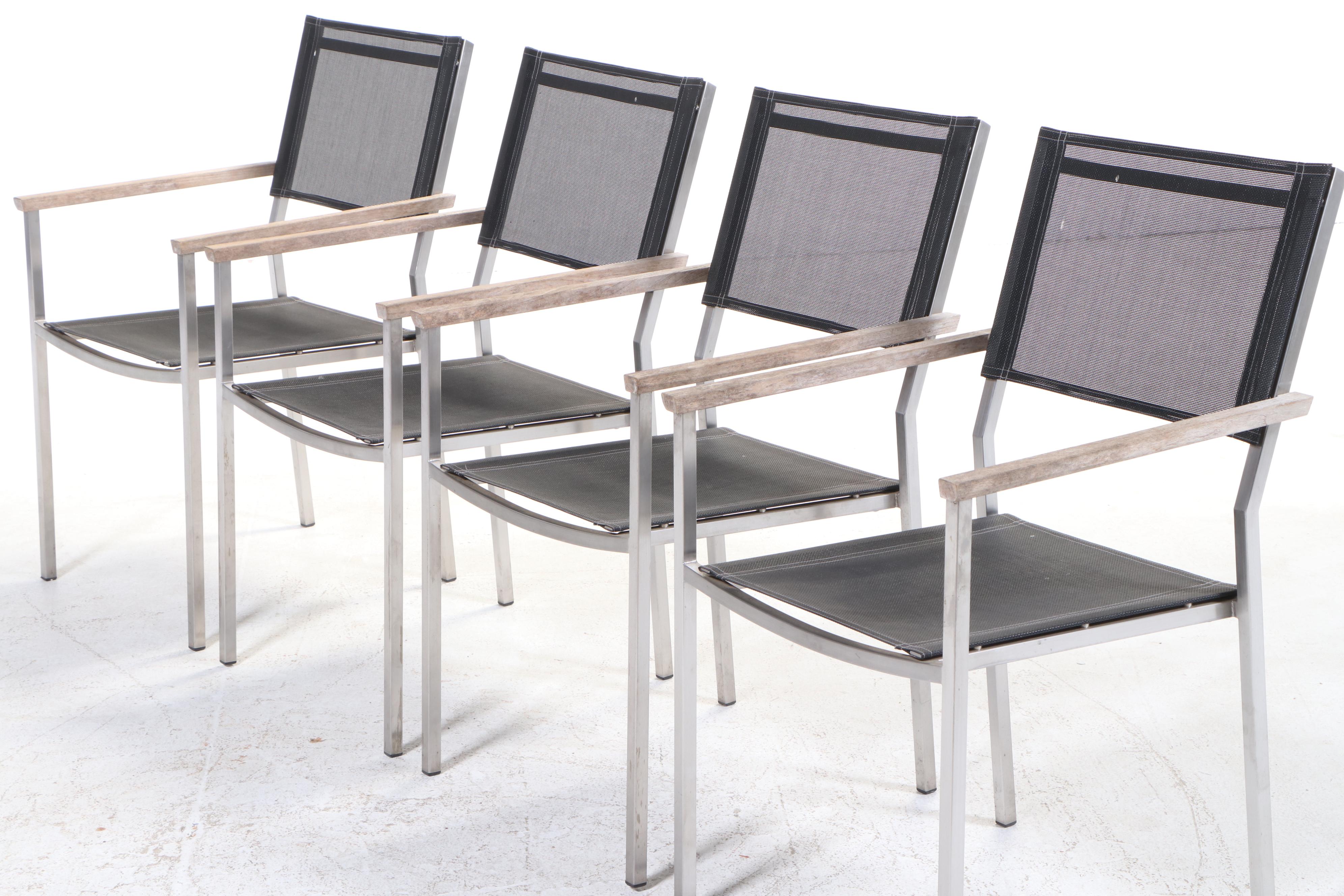 Five-Piece Gloster Modernist Style Brushed Aluminum and Teak Patio Dining Set