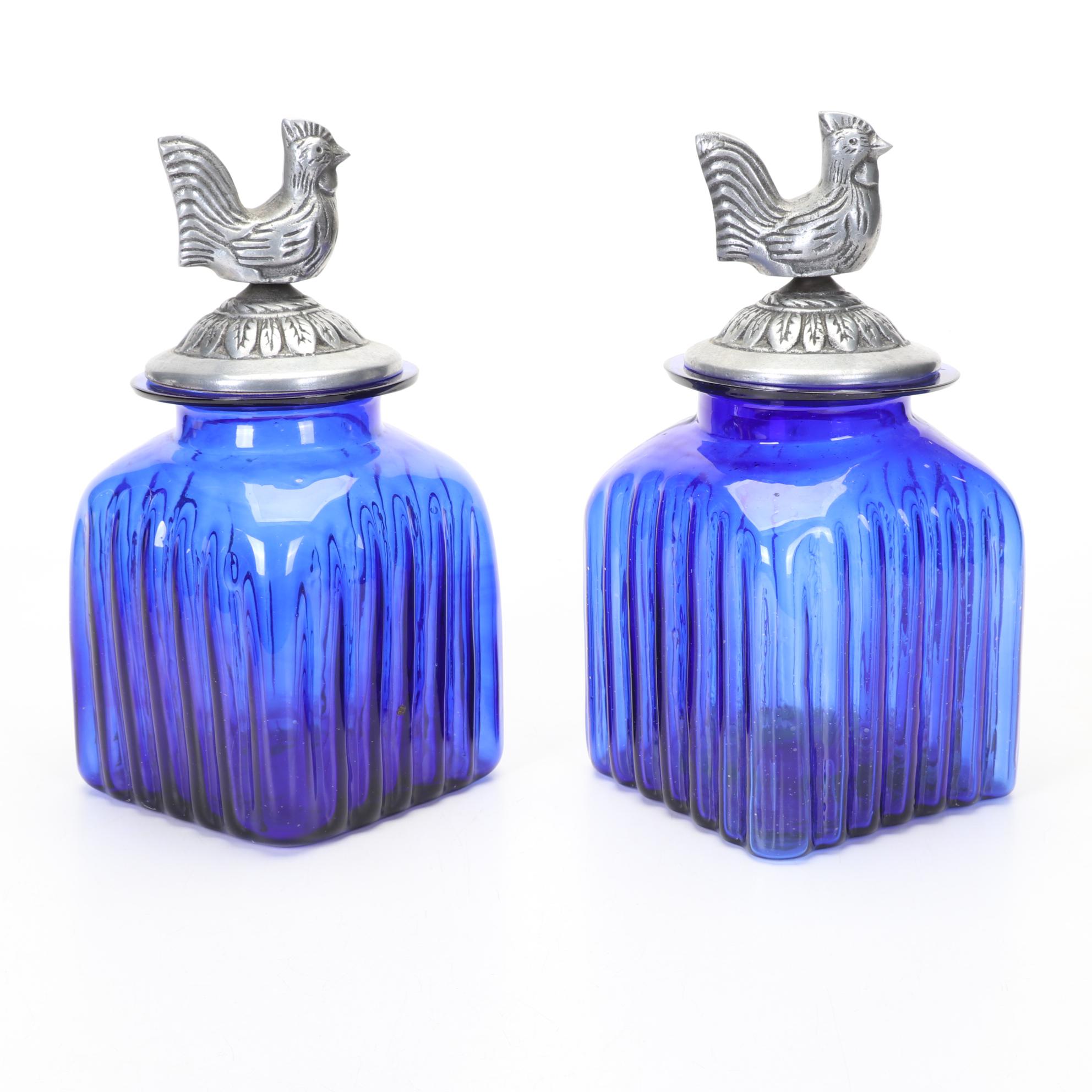 Hand Blown Cobalt Glass Canister Jars With Pewter Rooster Lids With