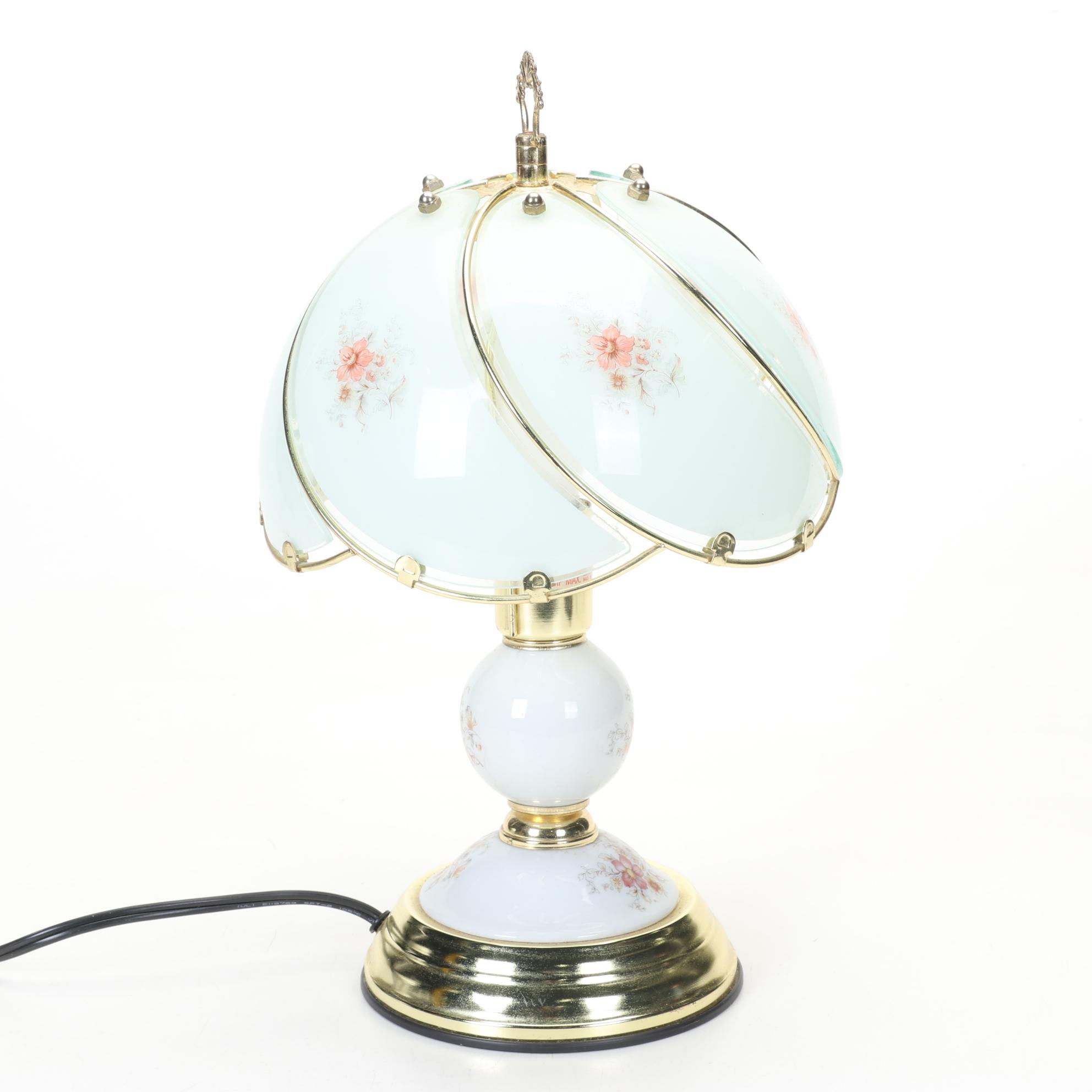 Three-Way Floral Touch Lamp With Glass Panel Shade and Glass Accent Base