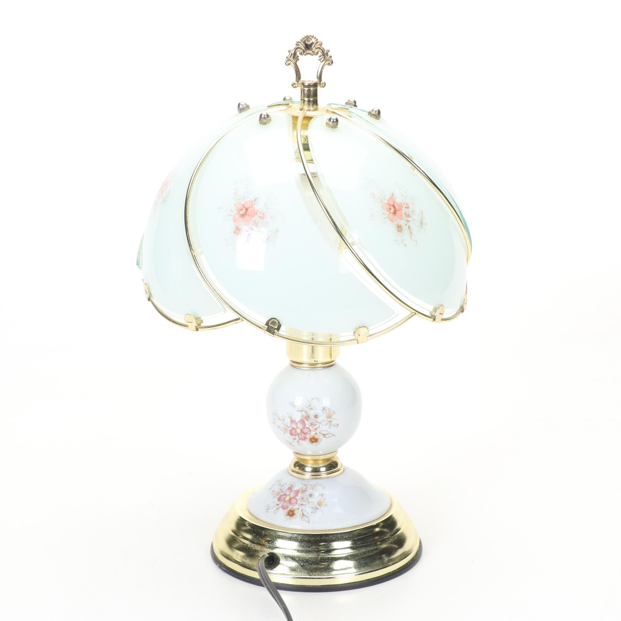 Three-Way Floral Touch Lamp With Glass Panel Shade and Glass Accent Base