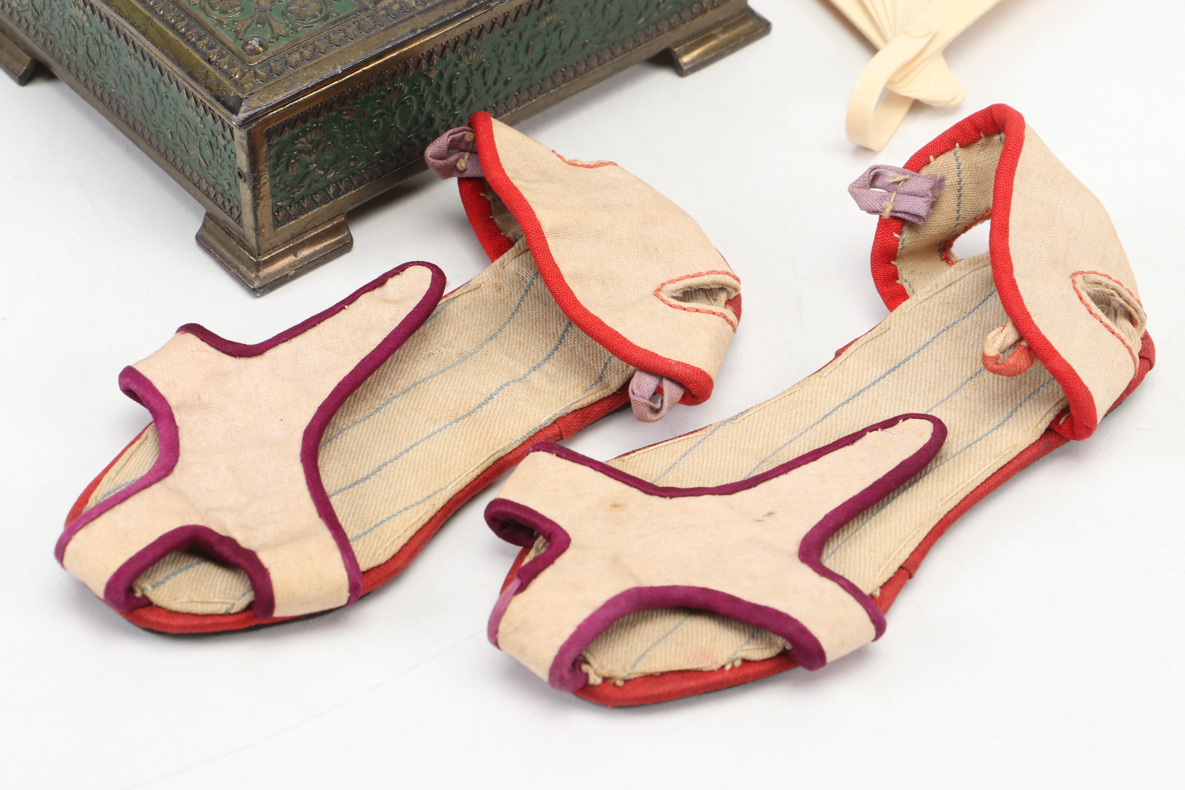 Japanese Metal Cigarette Dispenser Box with Children's Shoes and Plastic Fan