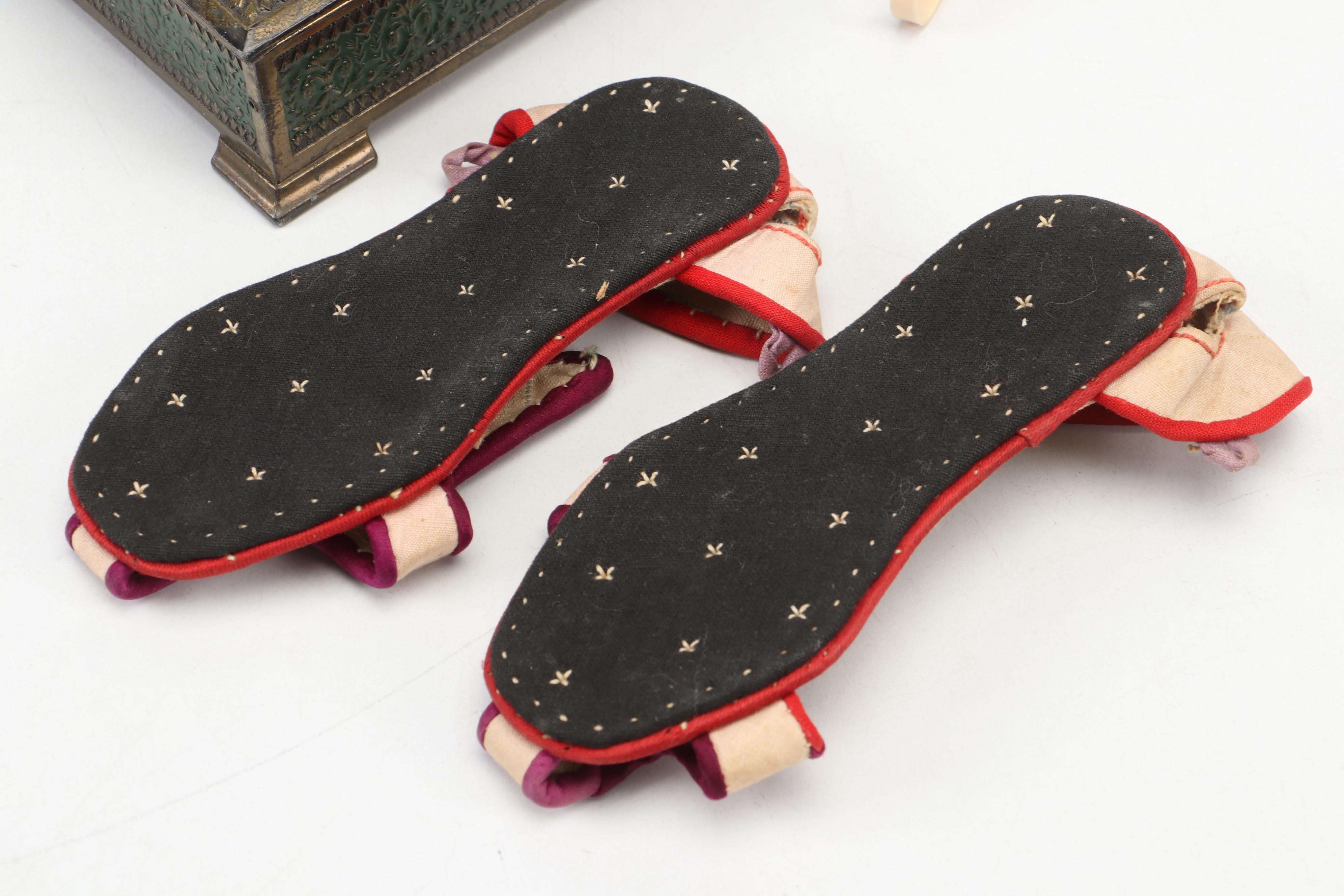 Japanese Metal Cigarette Dispenser Box with Children's Shoes and Plastic Fan