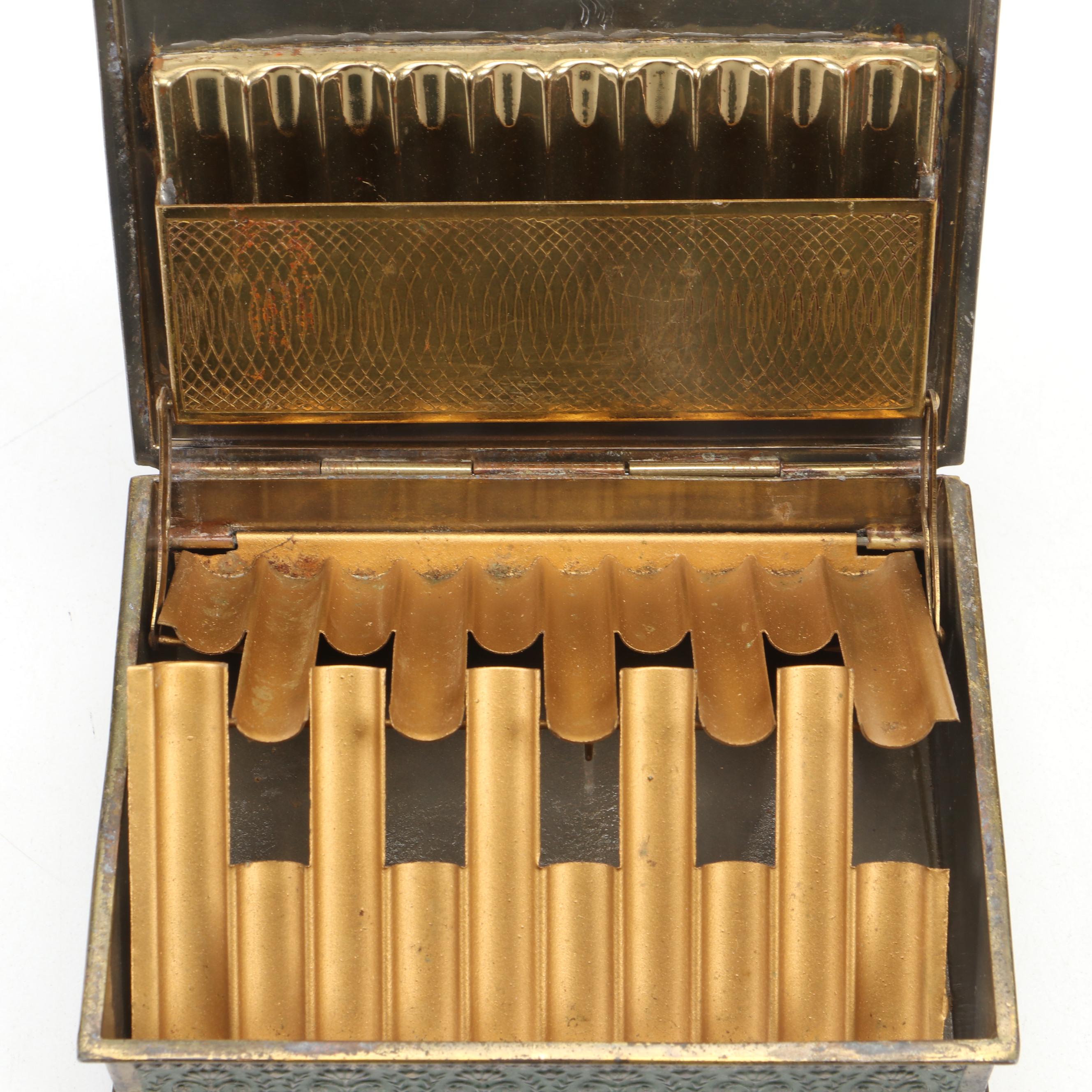 Japanese Metal Cigarette Dispenser Box with Children's Shoes and Plastic Fan