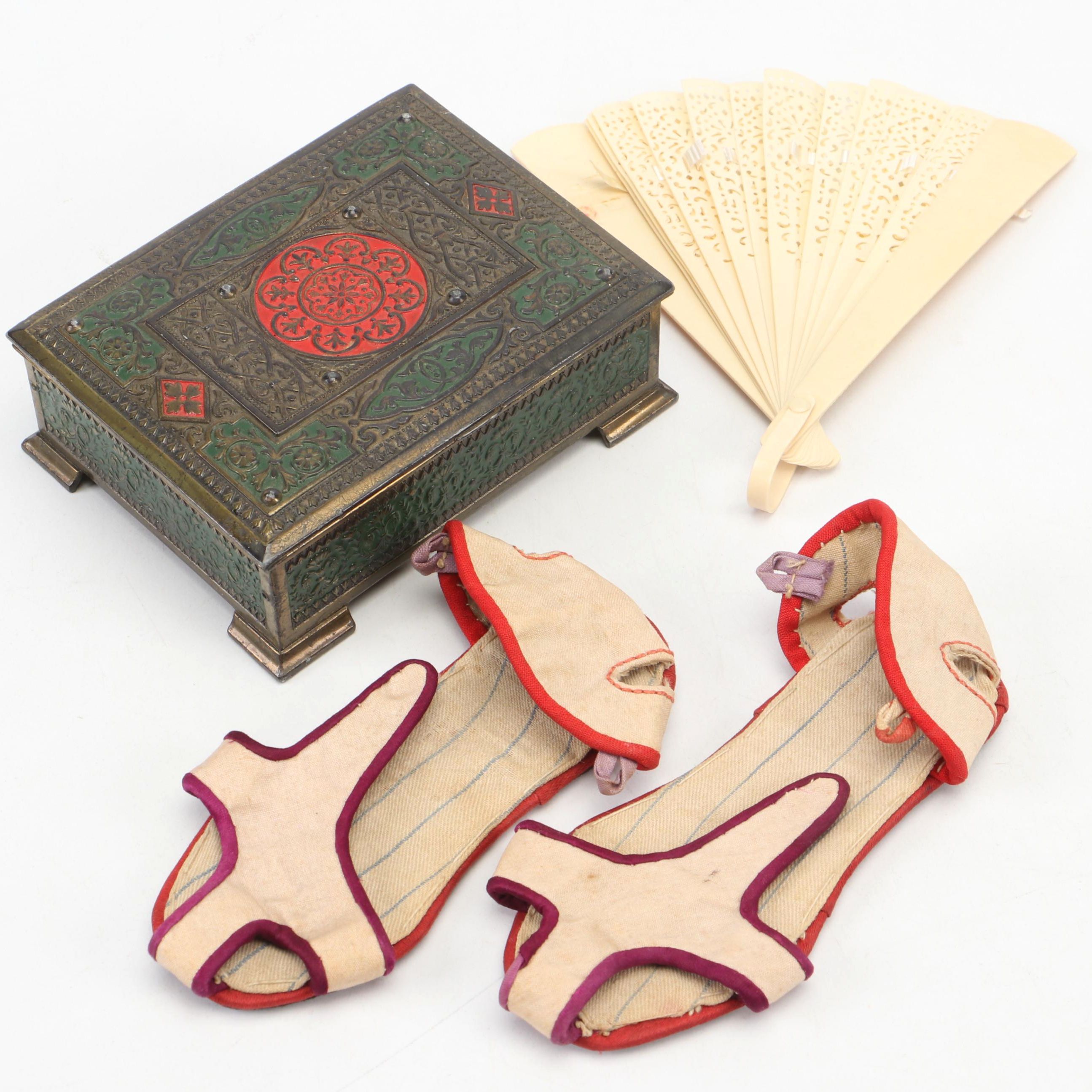 Japanese Metal Cigarette Dispenser Box with Children's Shoes and Plastic Fan