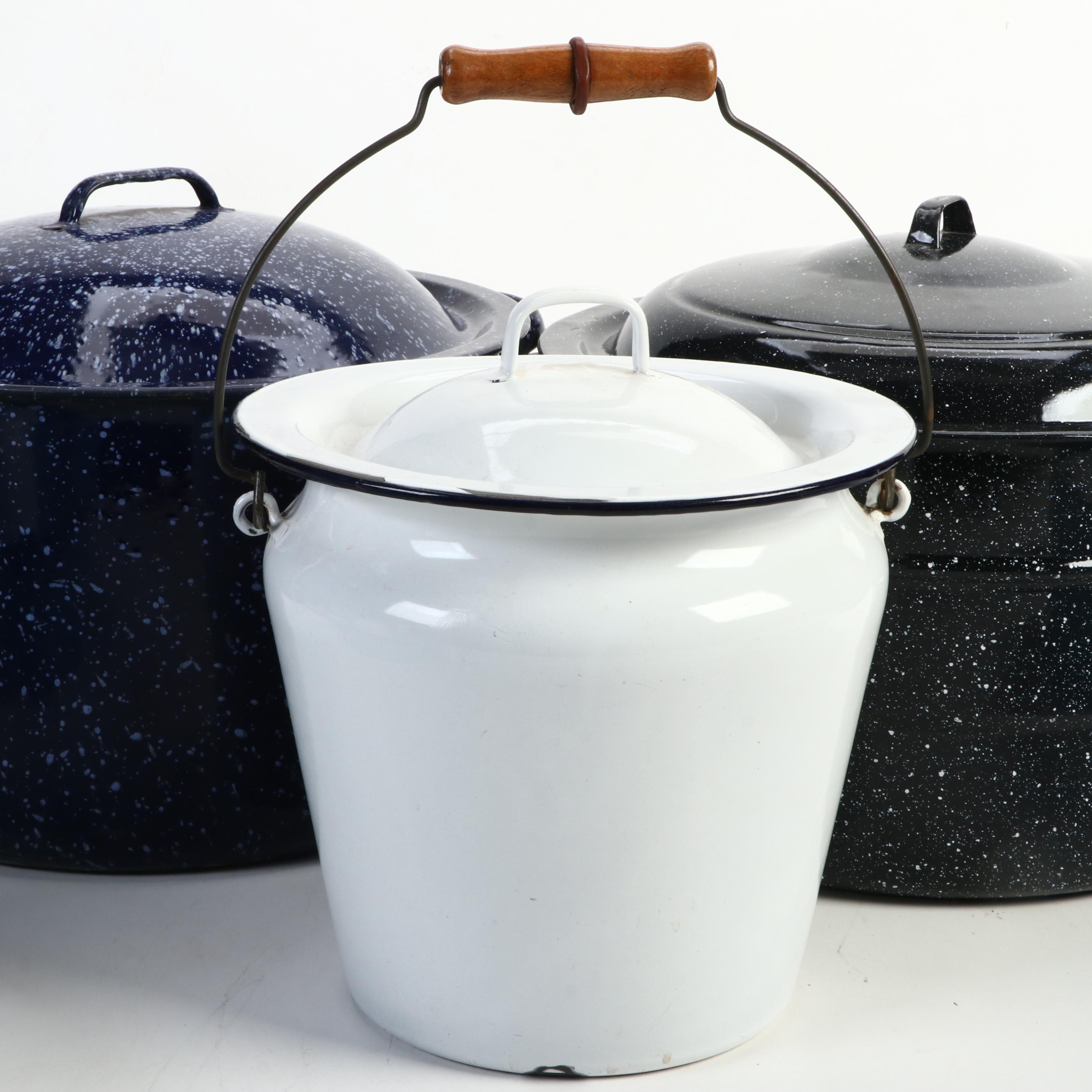 White Enameled Chamber Pot with Blue Enameled Dishpan and More