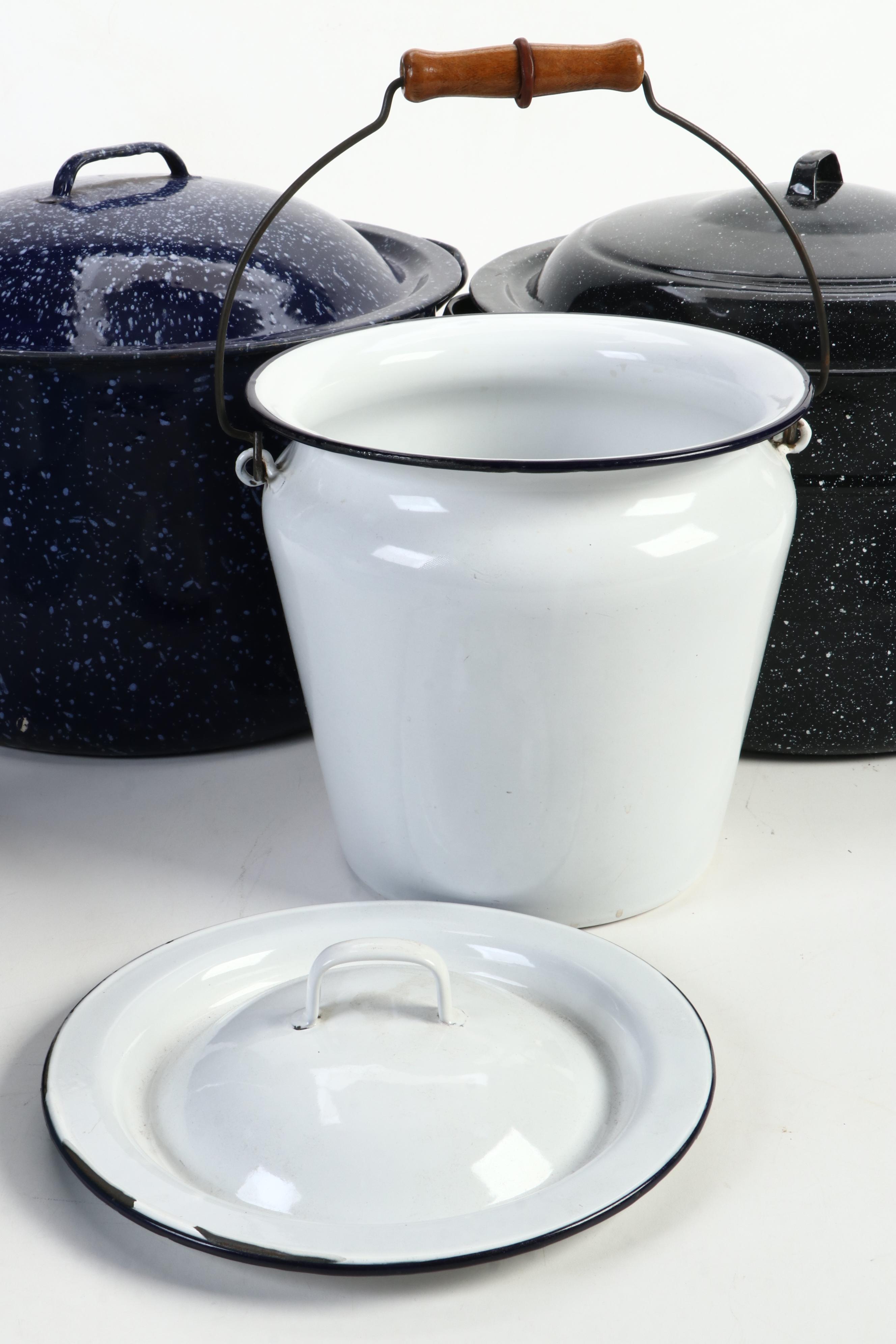 White Enameled Chamber Pot with Blue Enameled Dishpan and More