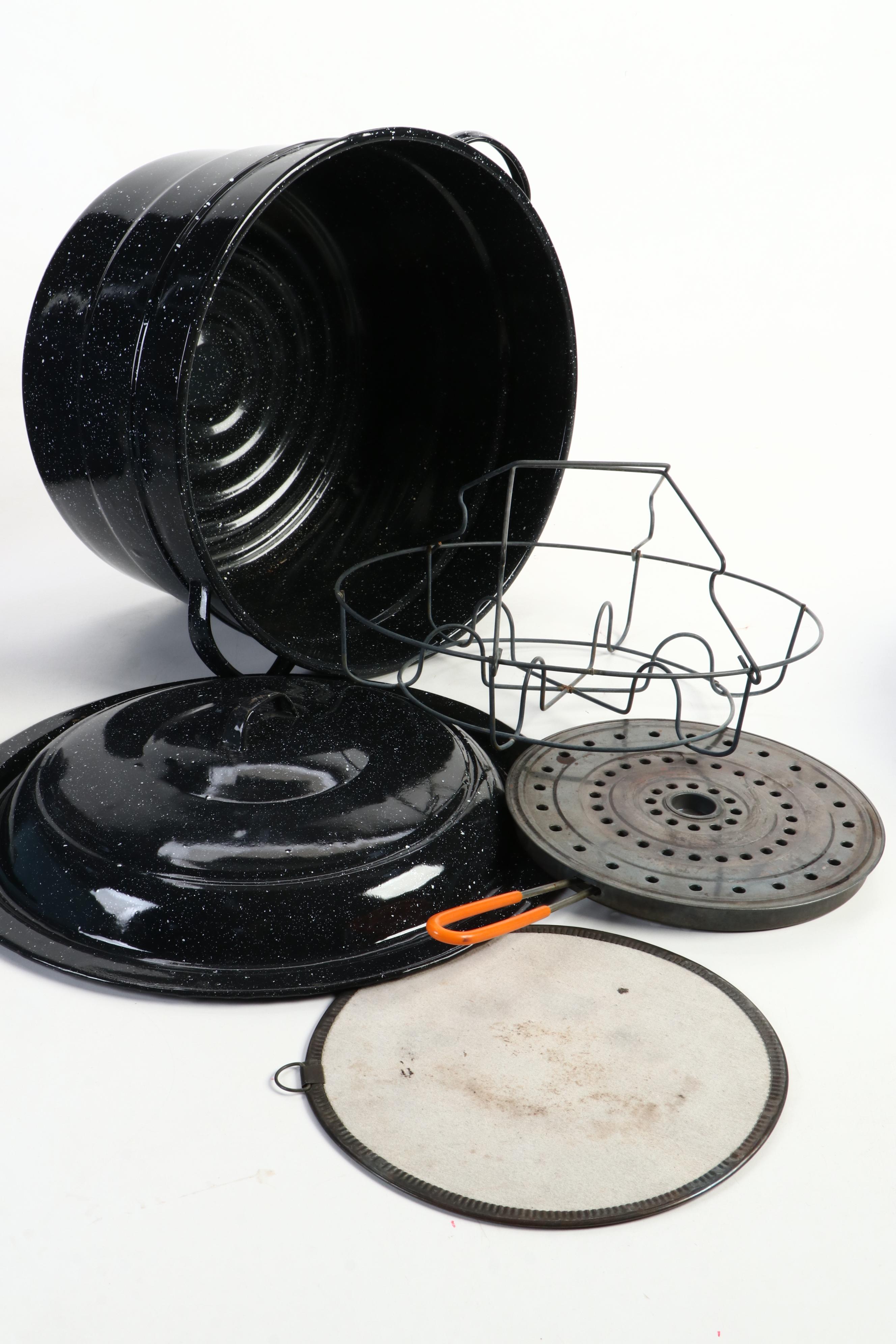 White Enameled Chamber Pot with Blue Enameled Dishpan and More