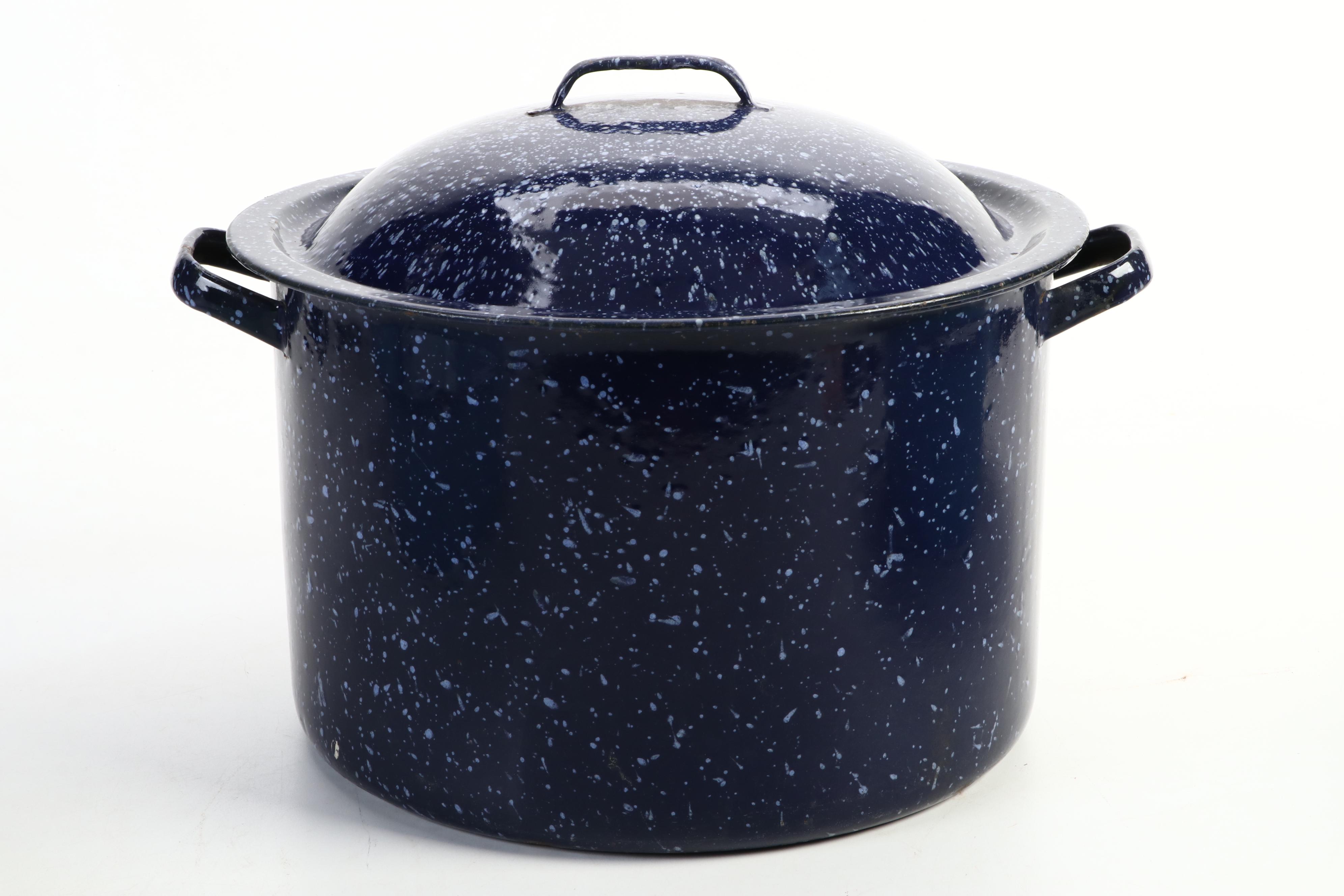 White Enameled Chamber Pot with Blue Enameled Dishpan and More