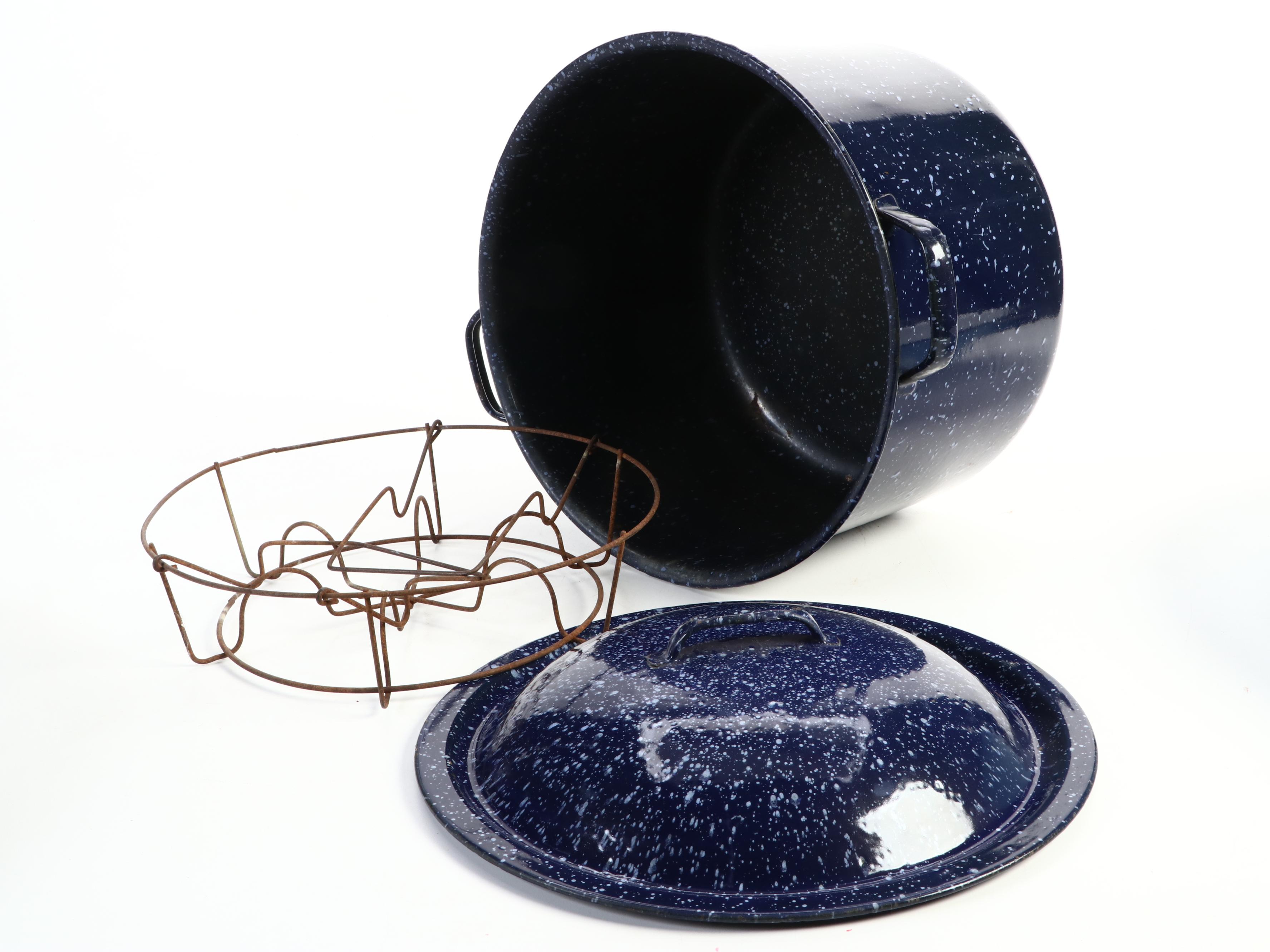 White Enameled Chamber Pot with Blue Enameled Dishpan and More