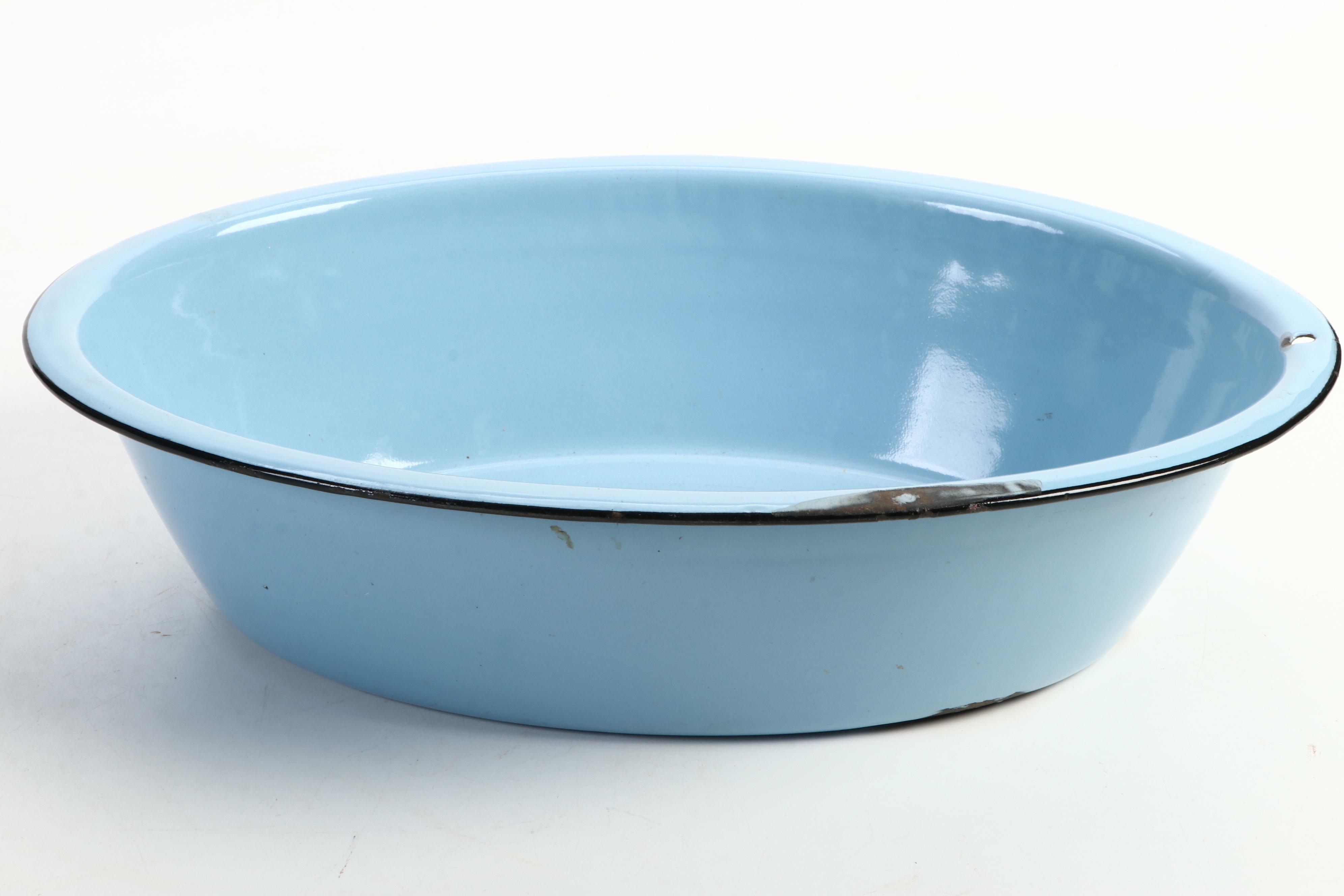 White Enameled Chamber Pot with Blue Enameled Dishpan and More