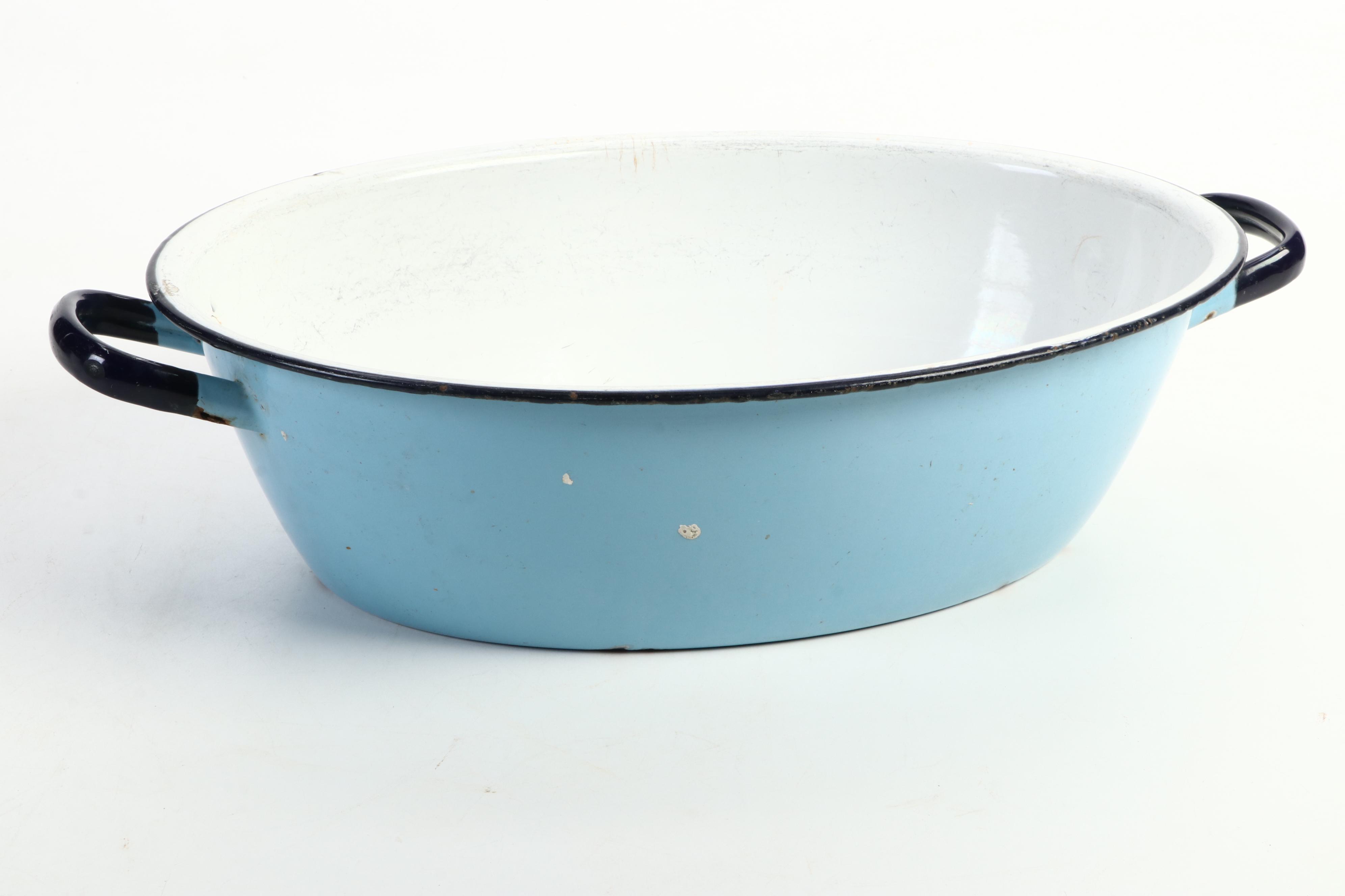 White Enameled Chamber Pot with Blue Enameled Dishpan and More