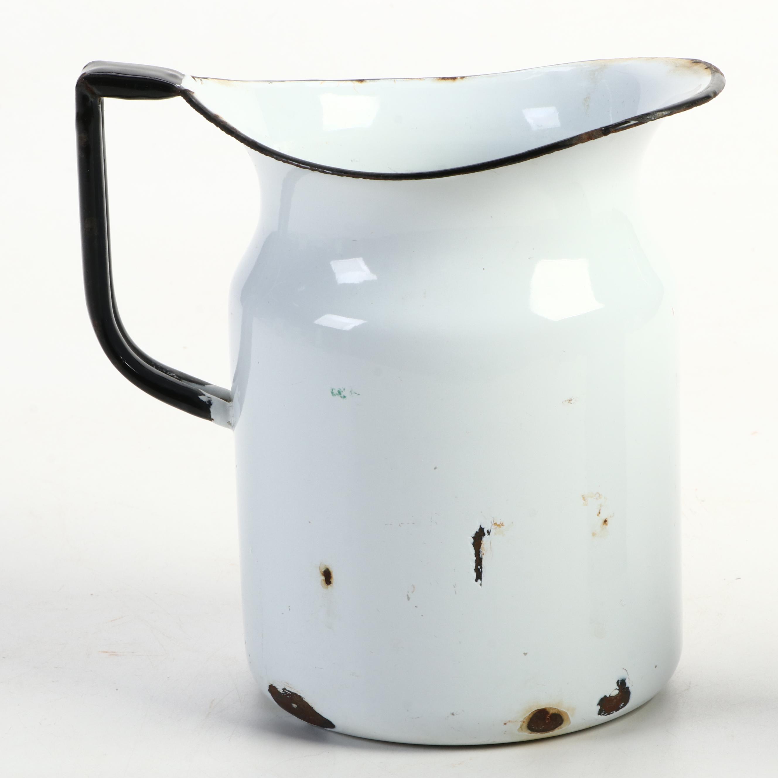 White Enameled Chamber Pot with Blue Enameled Dishpan and More