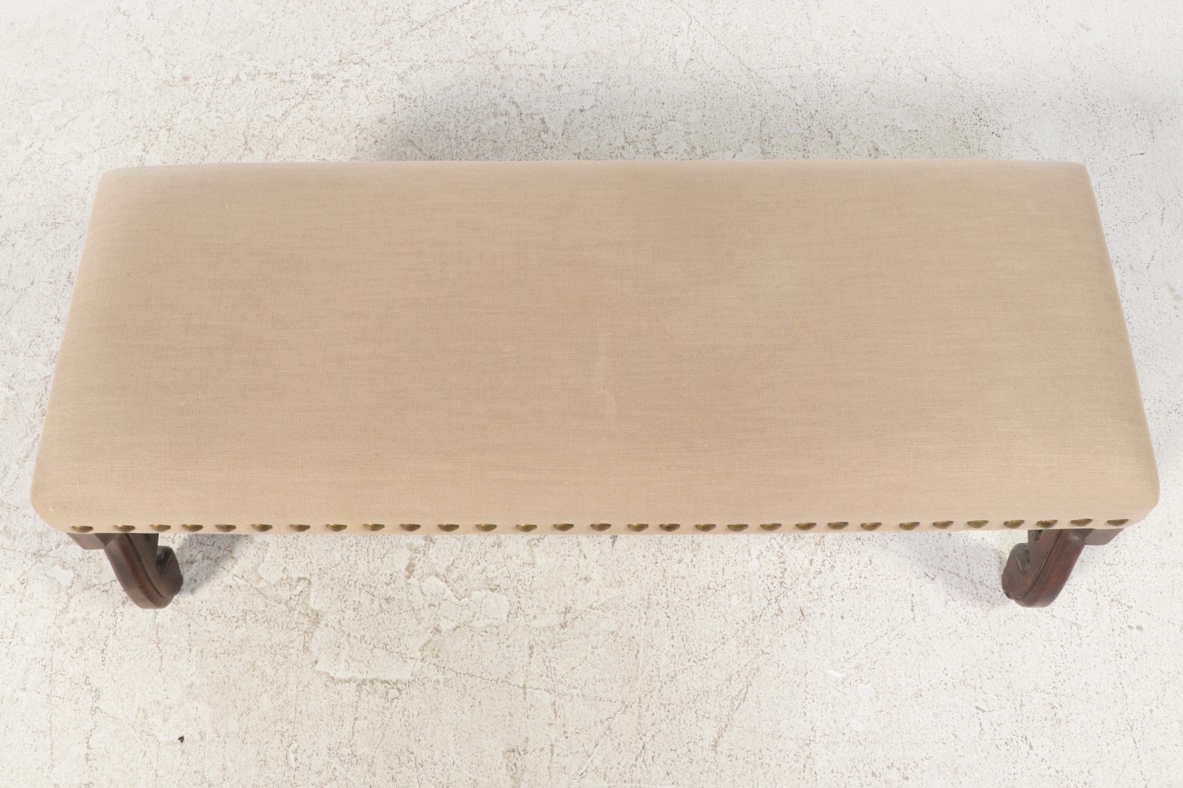 Baroque Style Mahogany and Custom-Upholstered Bench with Nailheads