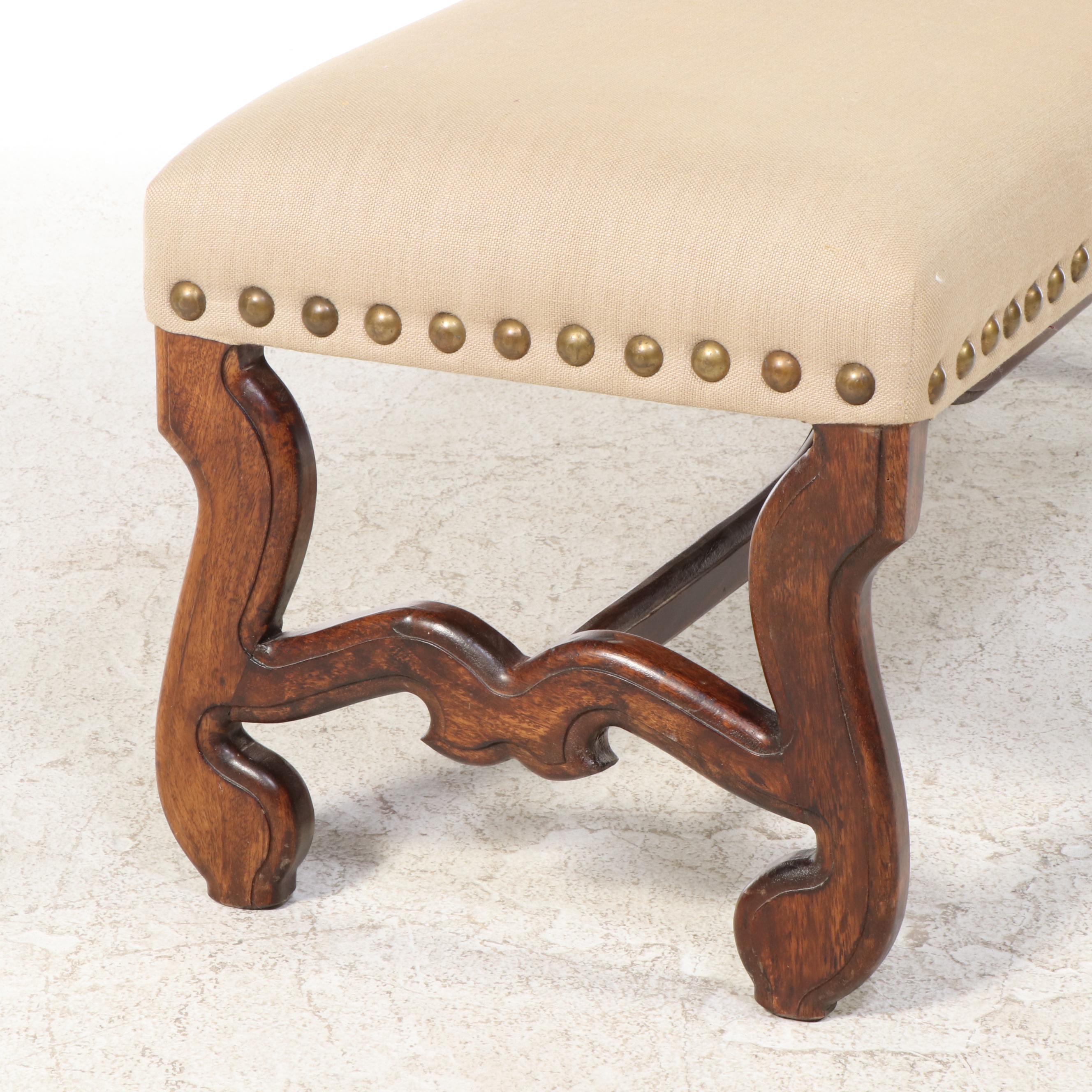 Baroque Style Mahogany and Custom-Upholstered Bench with Nailheads