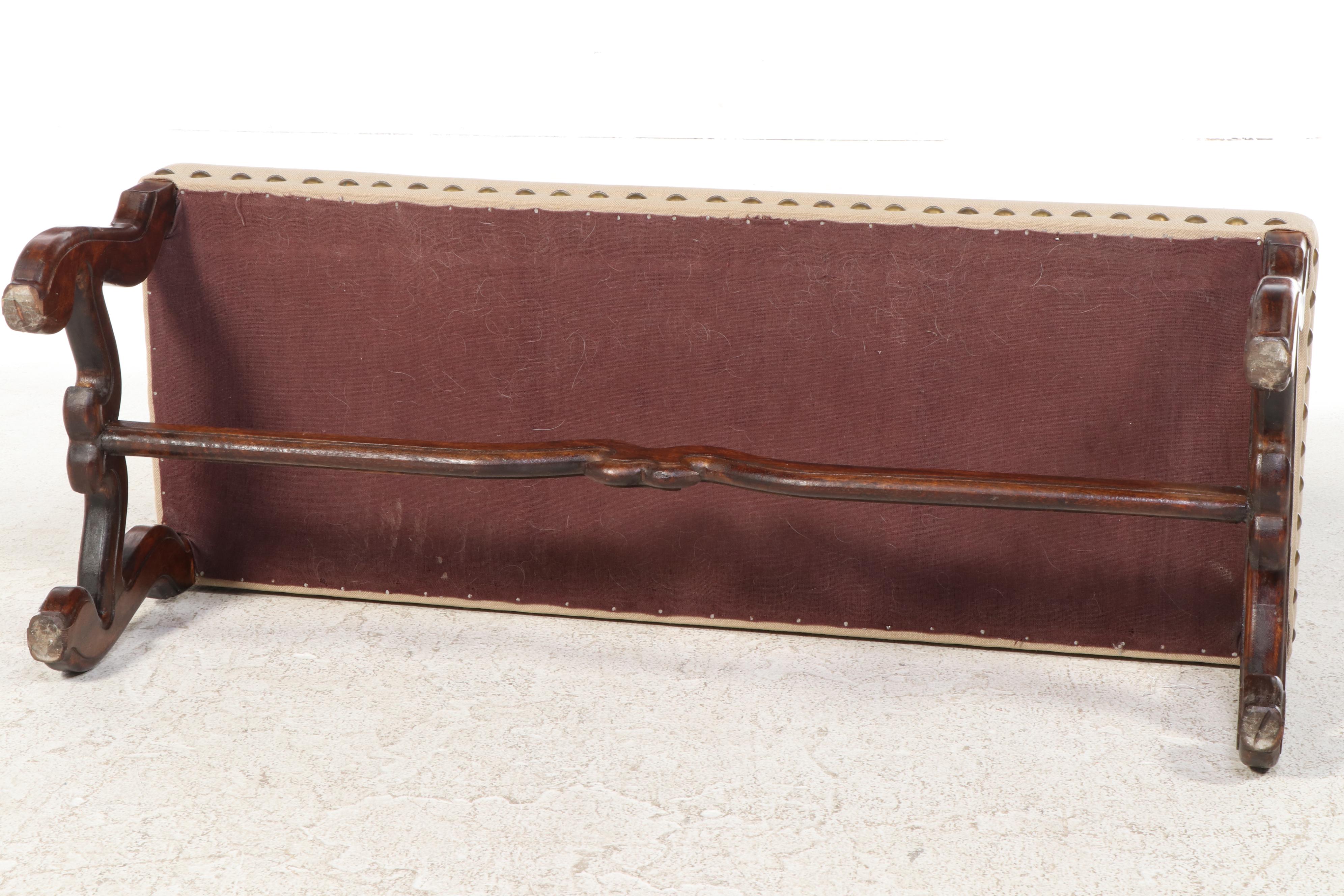 Baroque Style Mahogany and Custom-Upholstered Bench with Nailheads