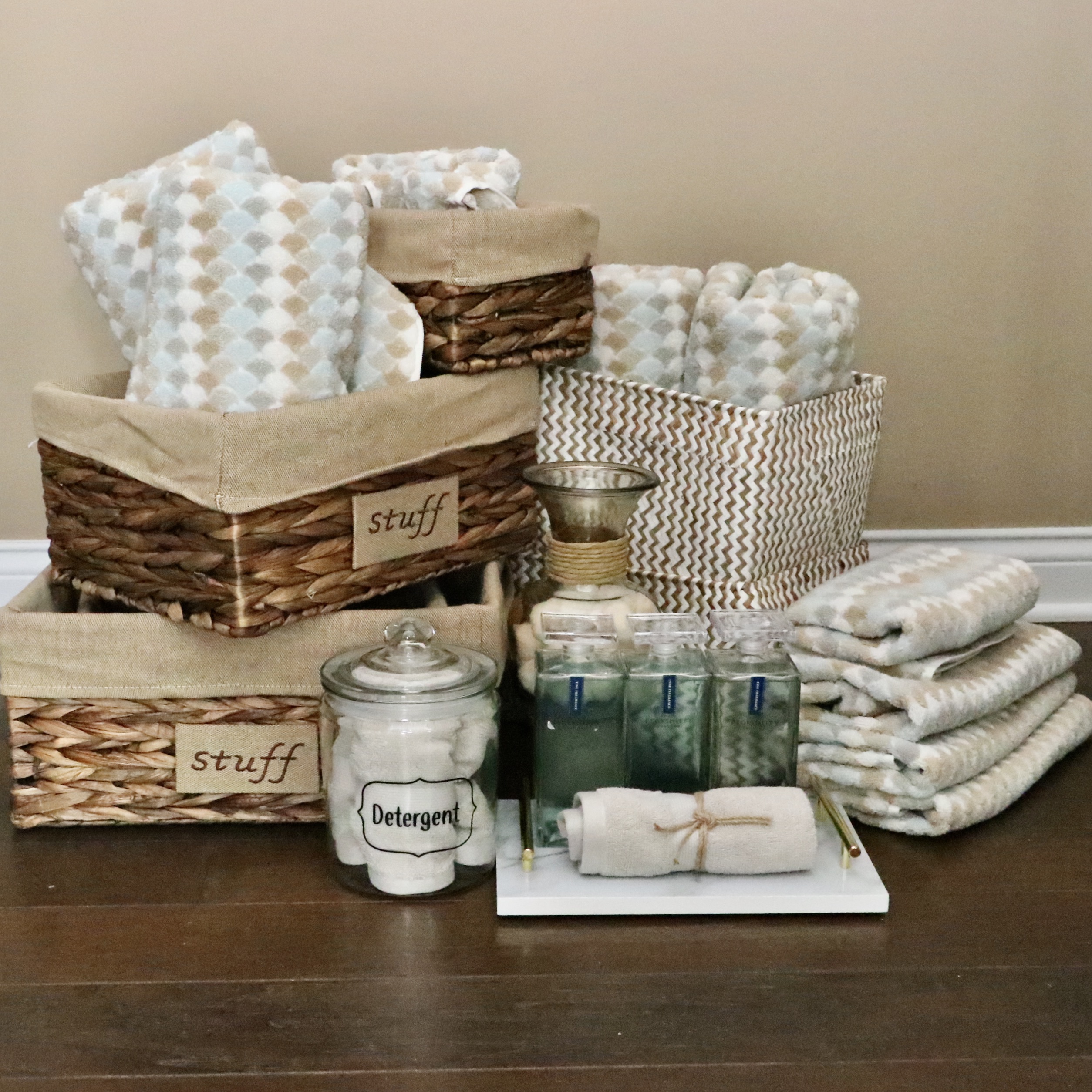 Pecksniff's Bathsoak Fragrance, Woven Grass Baskets, Caro Home and Other Towels