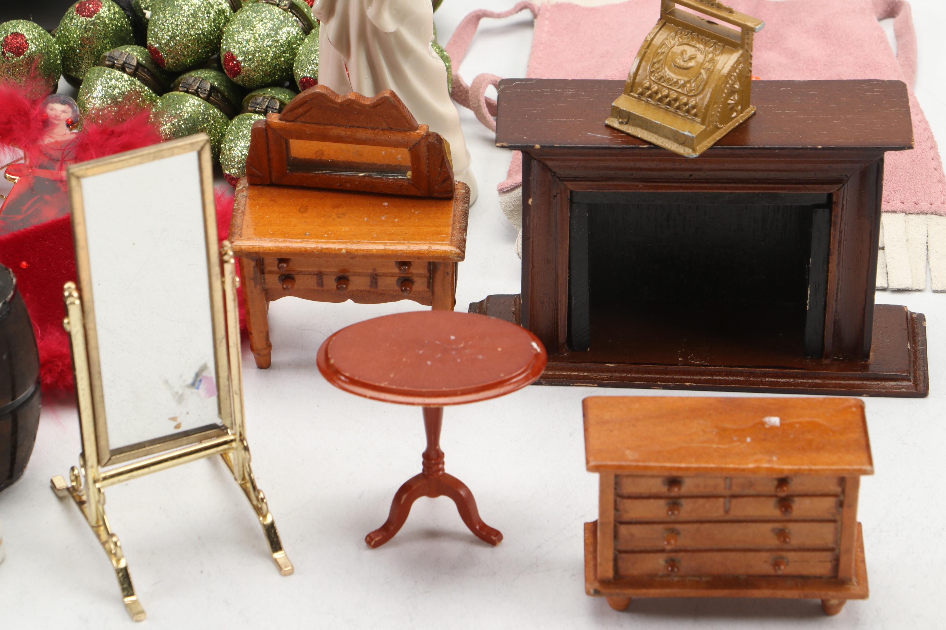 Wood Wall Mounted Dollhouse with Doll Furniture, Ornaments, and Other Décor