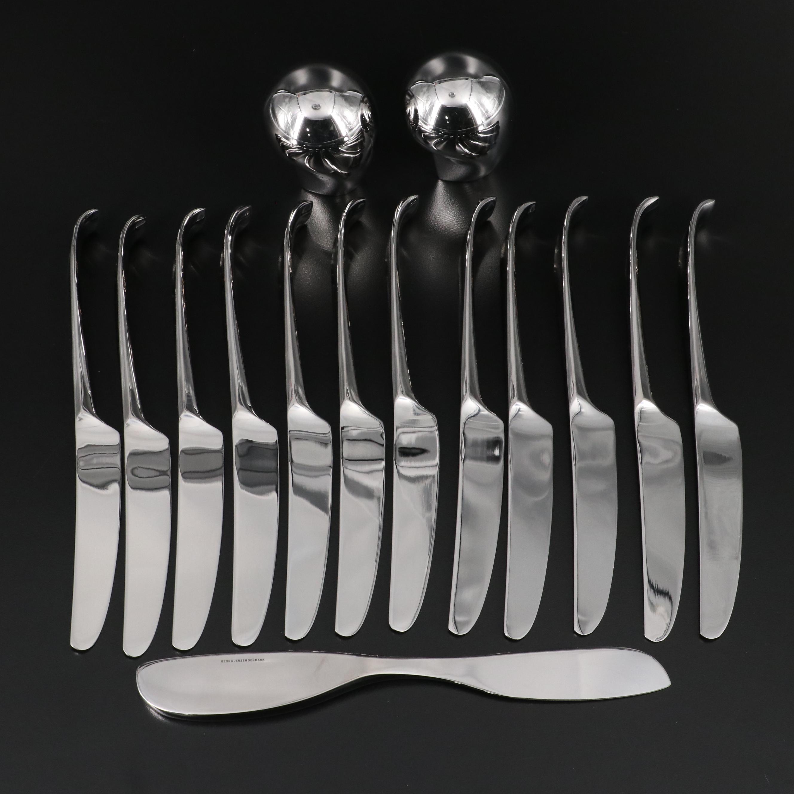Georg Jensen Stainless Steel Shakers, Dinner Knife Set, and Cheese Knife