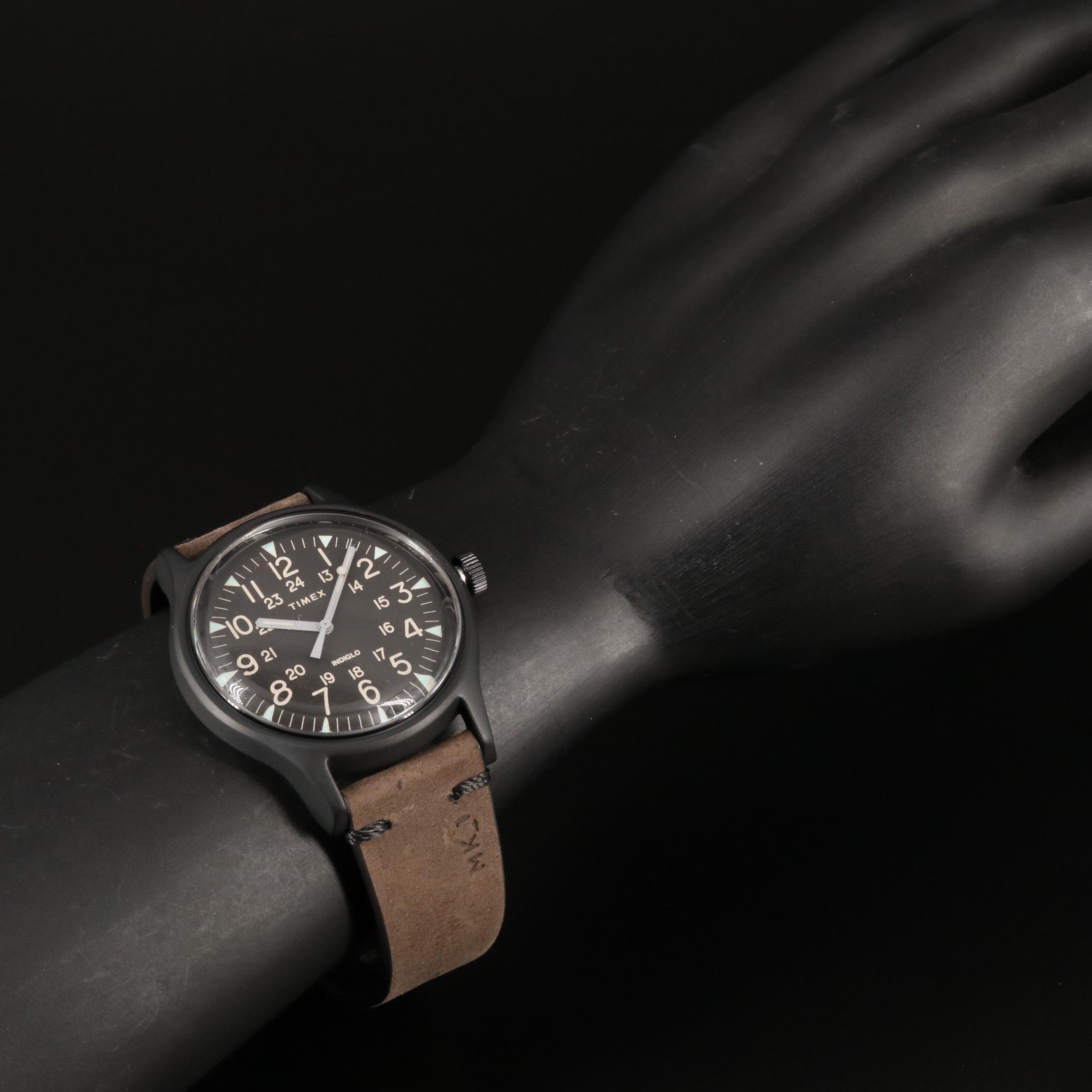 Timex MK1 Quartz Watch with Black Dial and Brown Leather Strap