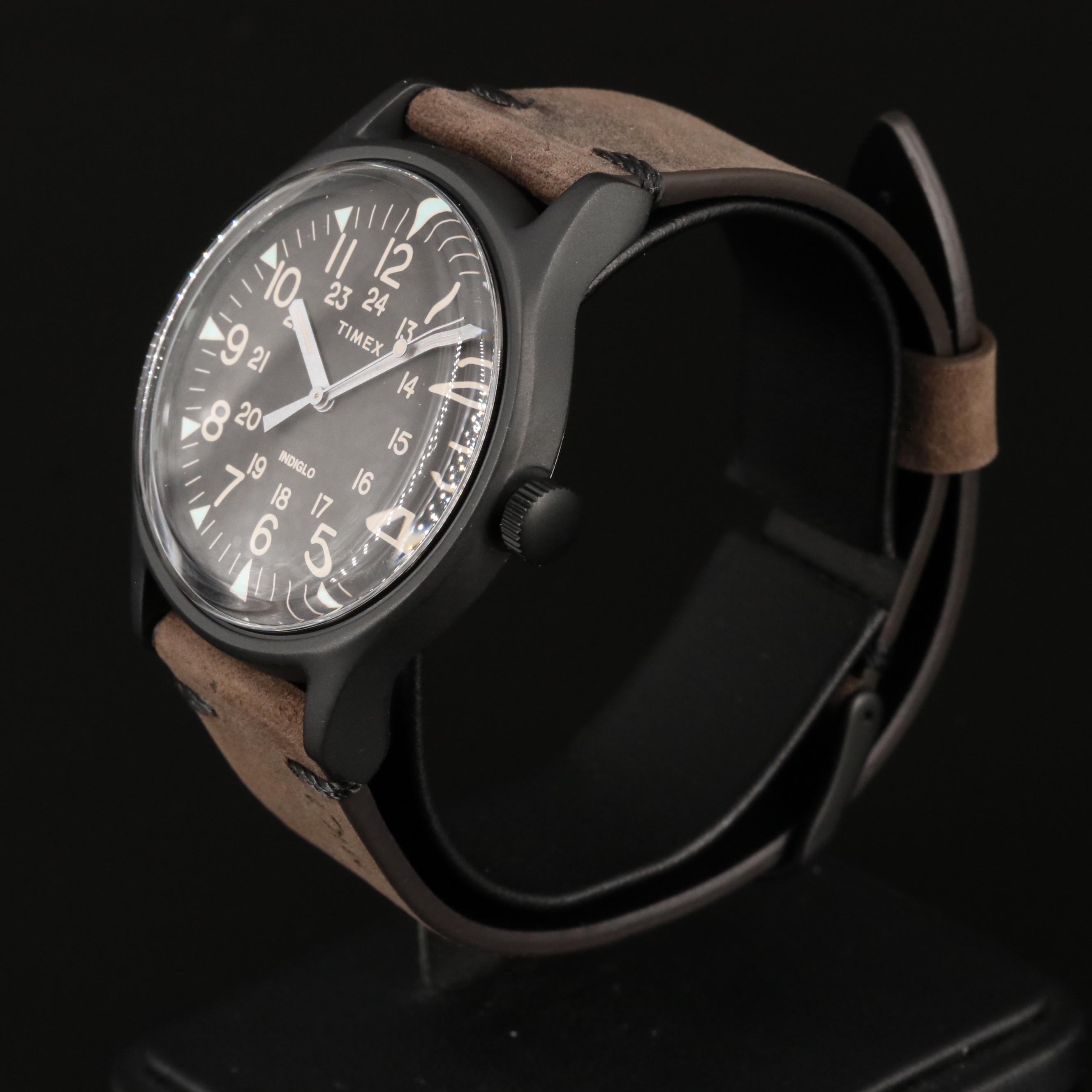 Timex MK1 Quartz Watch with Black Dial and Brown Leather Strap