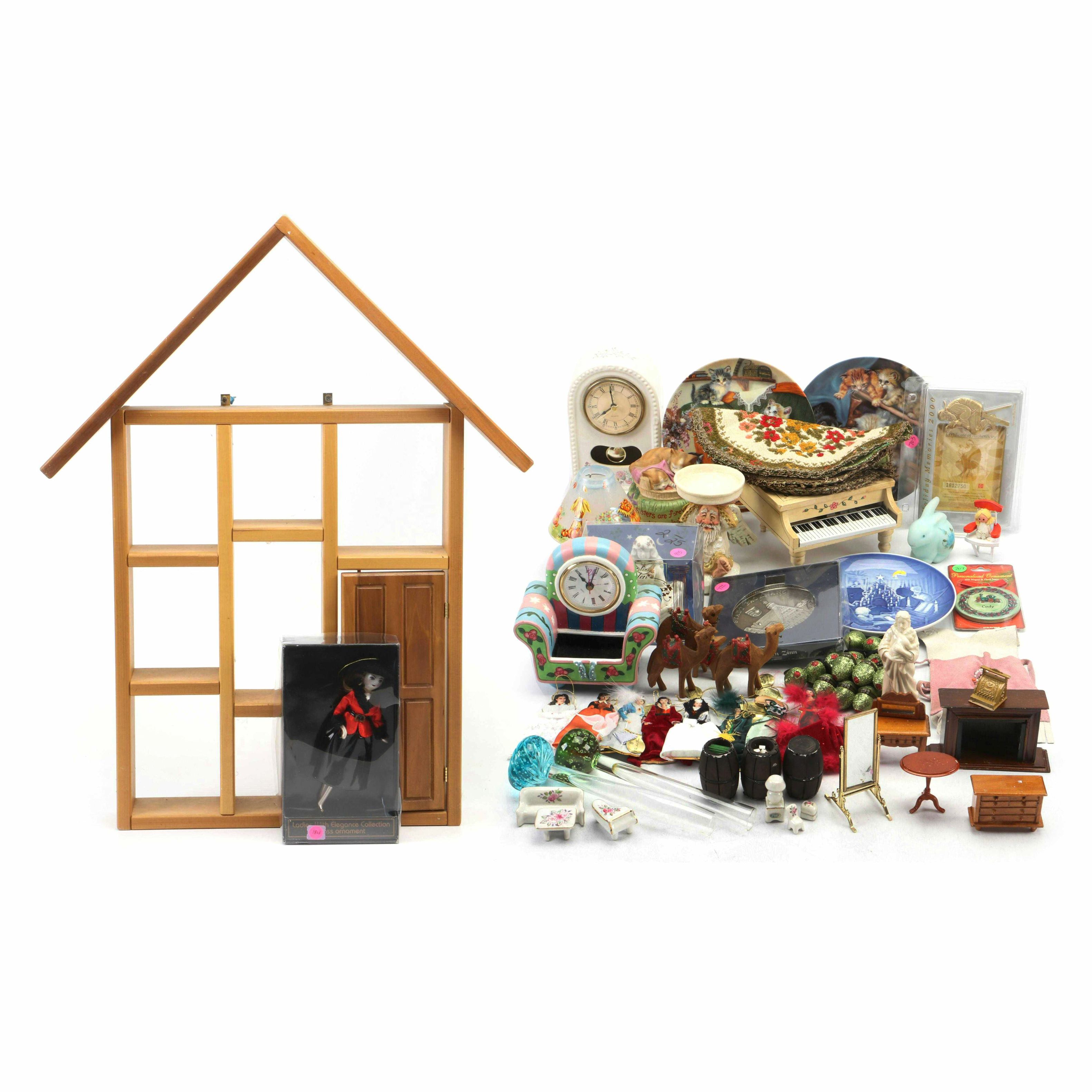 Wood Wall Mounted Dollhouse with Doll Furniture, Ornaments, and Other Décor