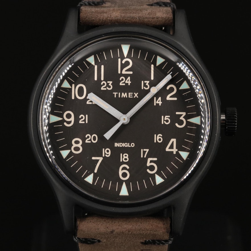 Timex MK1 Quartz Watch with Black Dial and Brown Leather Strap