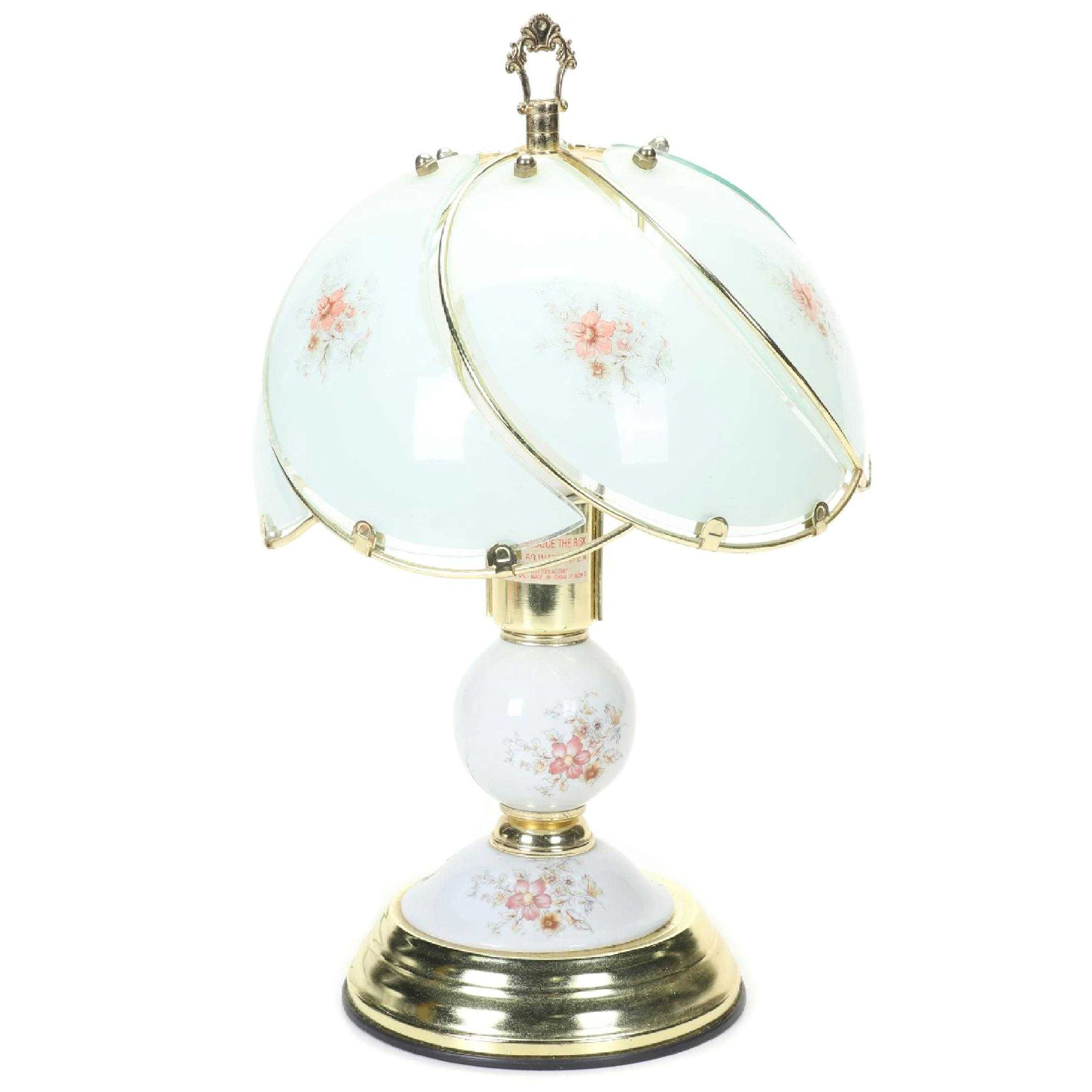 Three-Way Floral Touch Lamp With Glass Panel Shade and Glass Accent Base