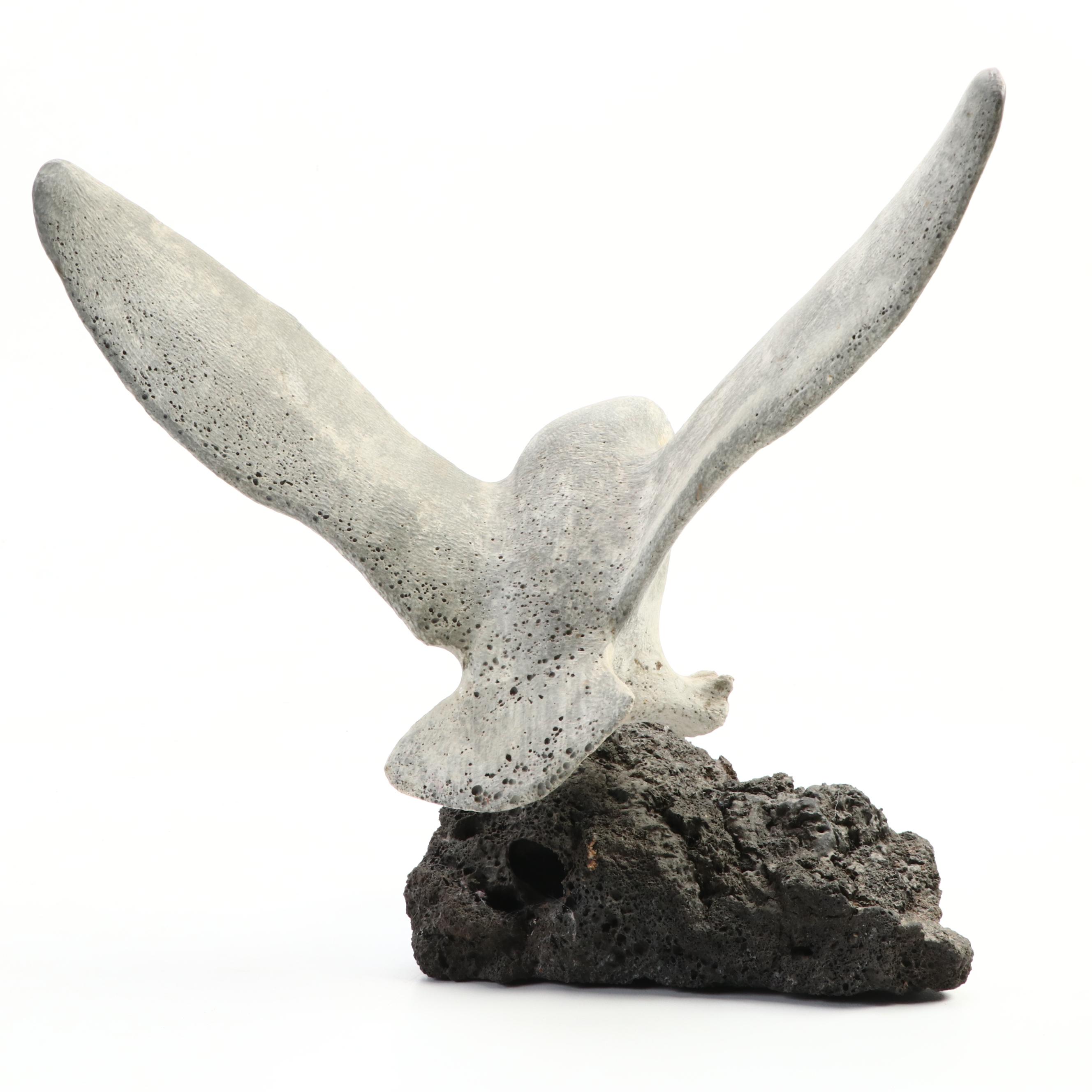 Inuit Carved Fossil Whale Bone Owl on Lava Rock