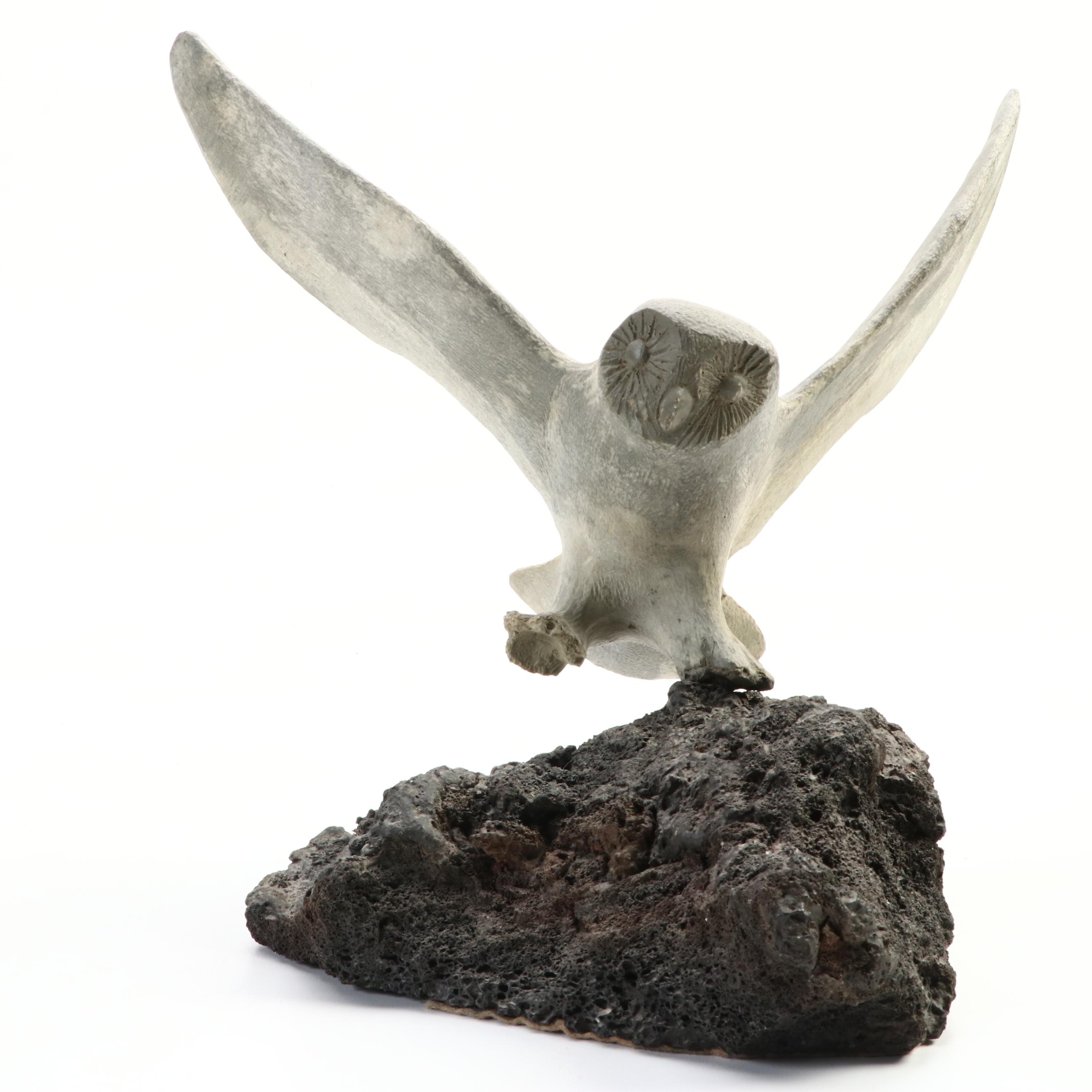 Inuit Carved Fossil Whale Bone Owl on Lava Rock