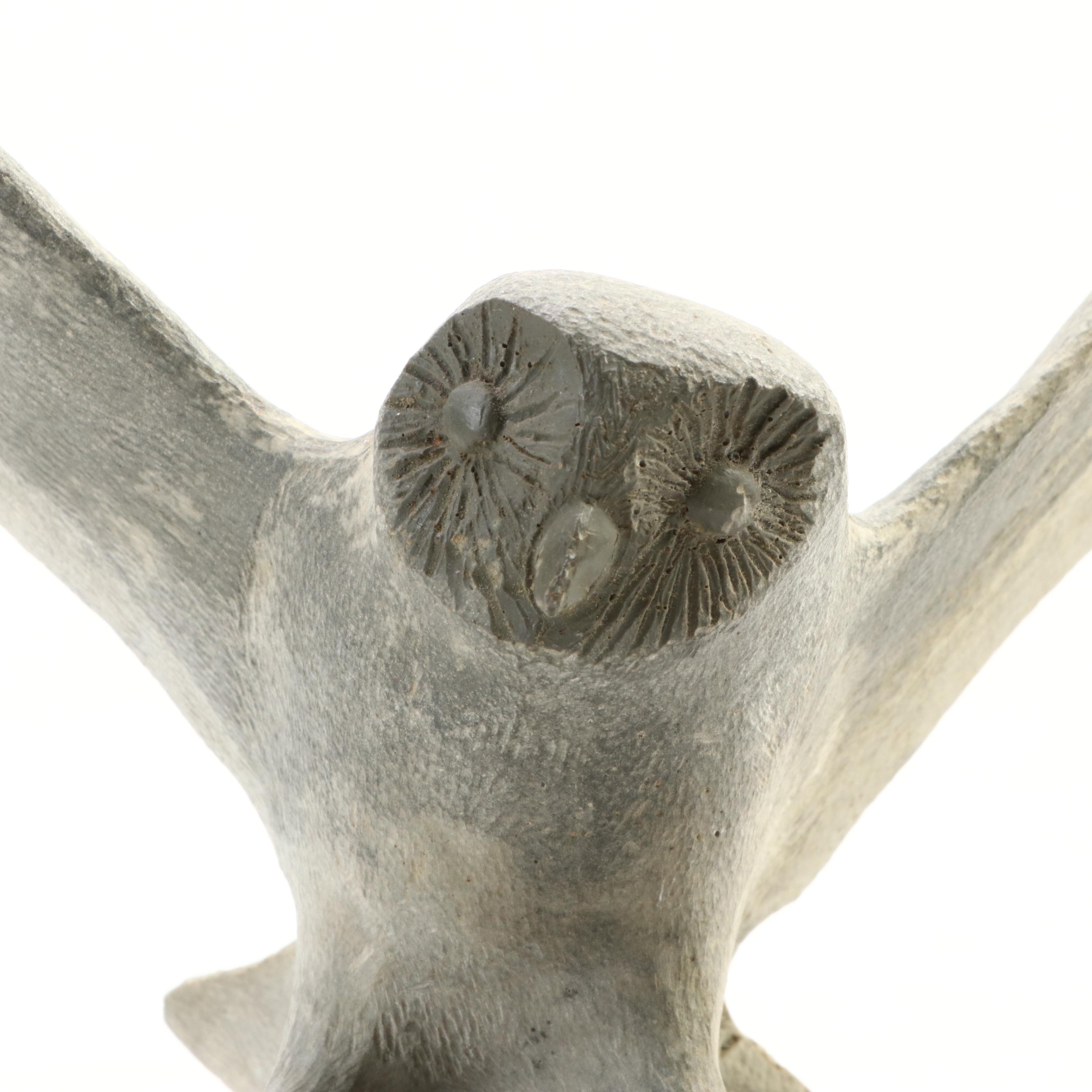 Inuit Carved Fossil Whale Bone Owl on Lava Rock