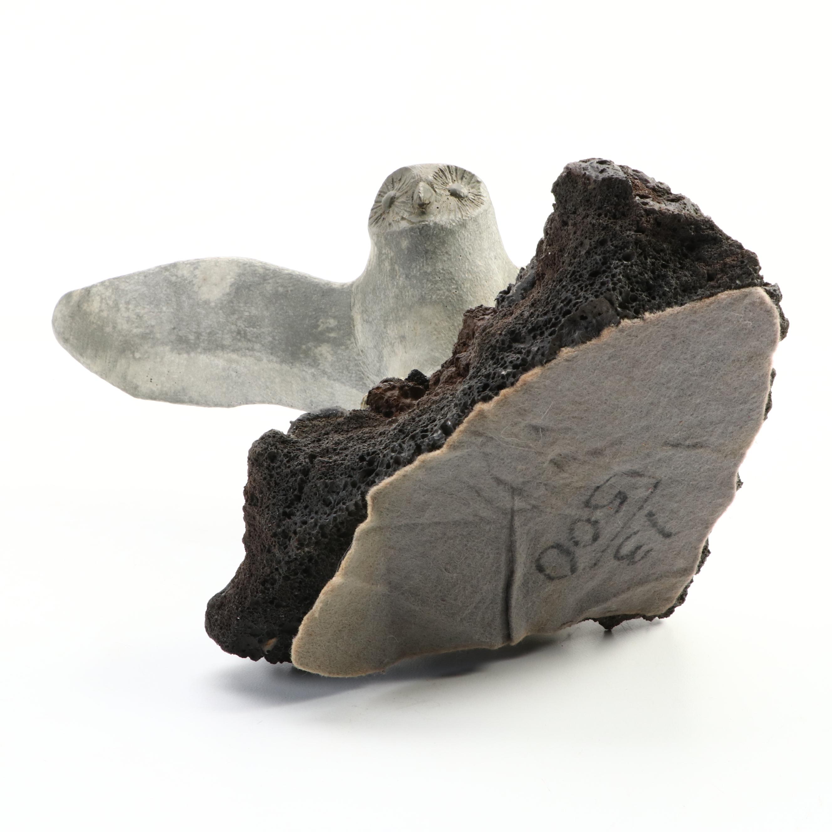 Inuit Carved Fossil Whale Bone Owl on Lava Rock