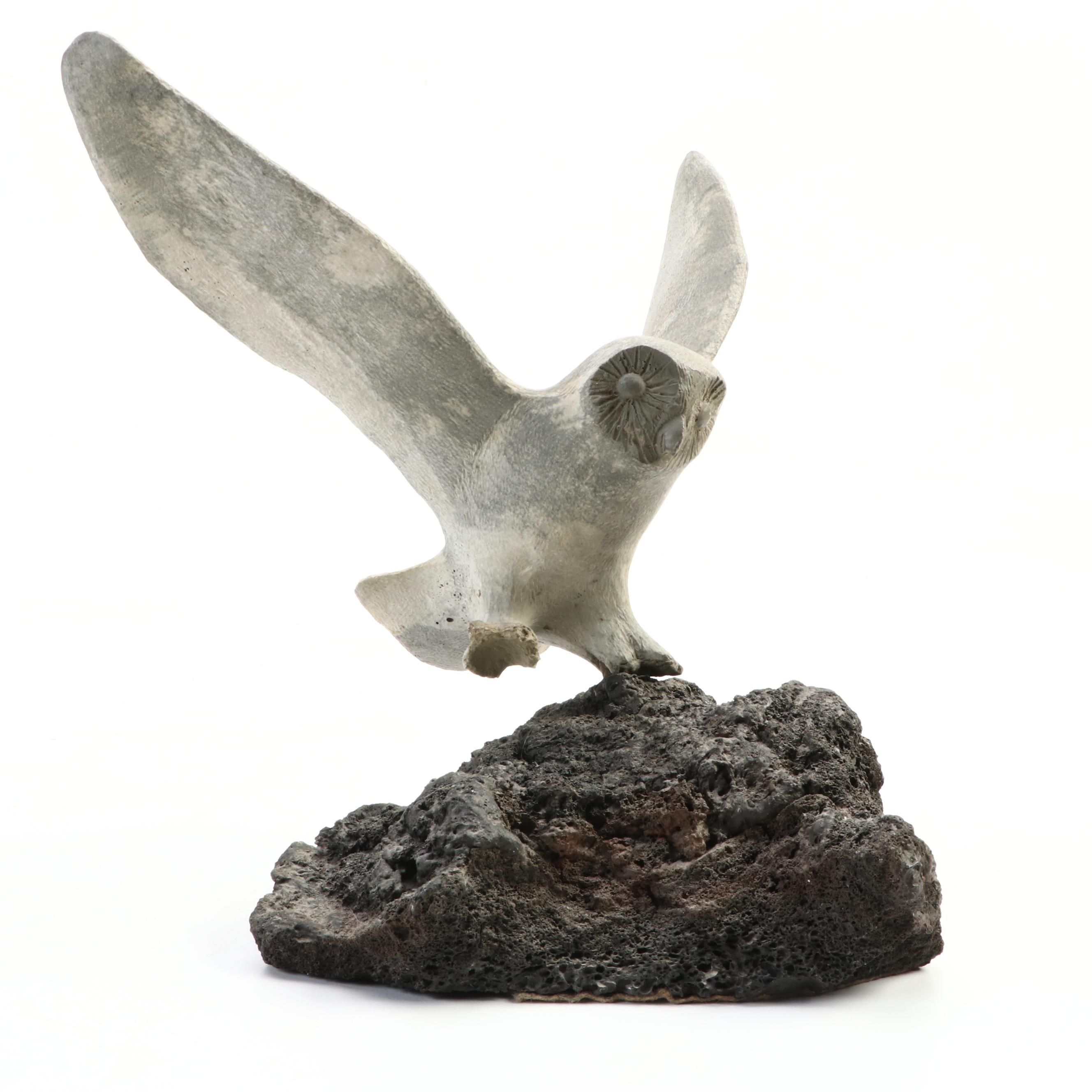 Inuit Carved Fossil Whale Bone Owl on Lava Rock