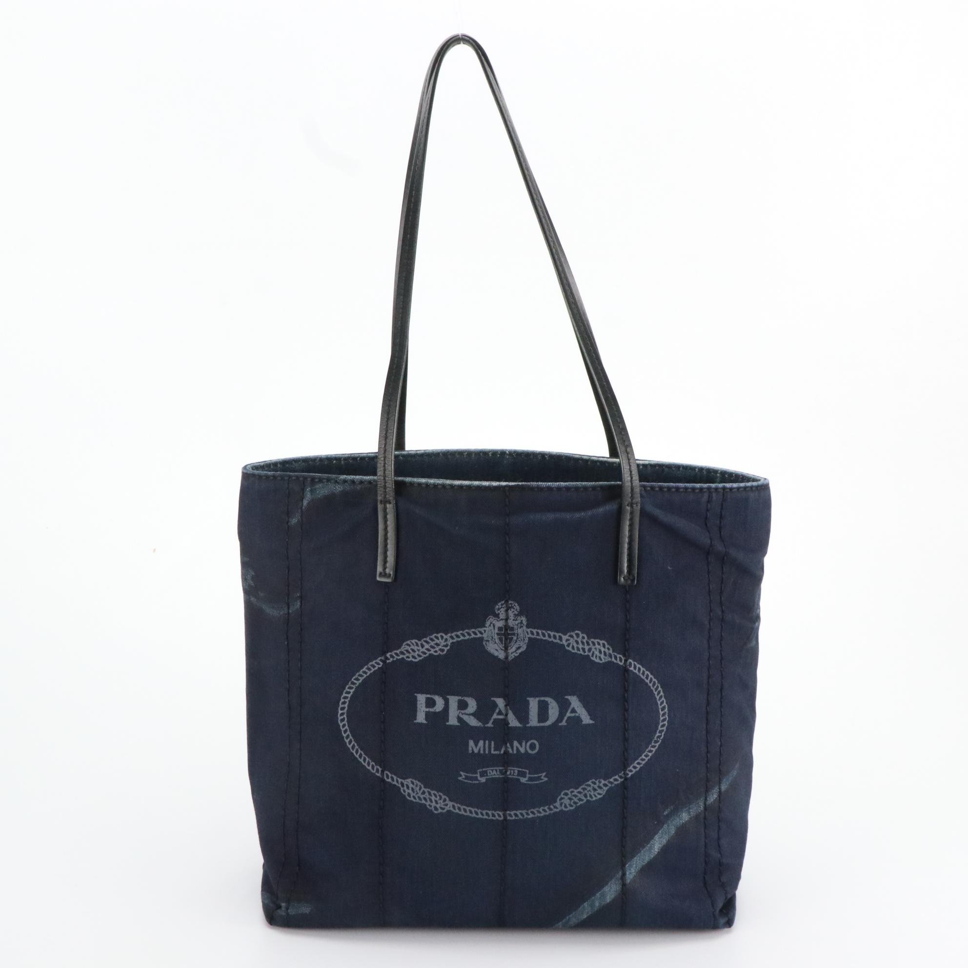 Prada Denim Logo Tote Bag with Black Leather Trim