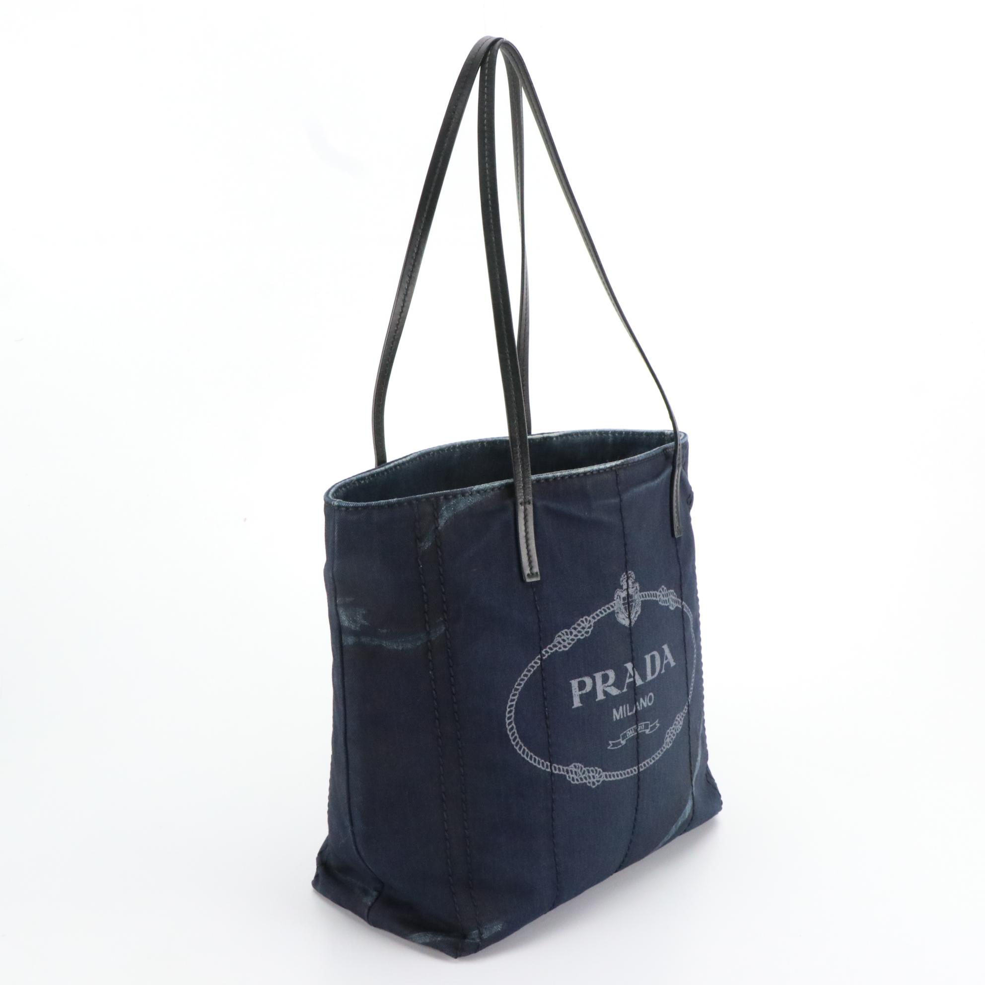 Prada Denim Logo Tote Bag with Black Leather Trim