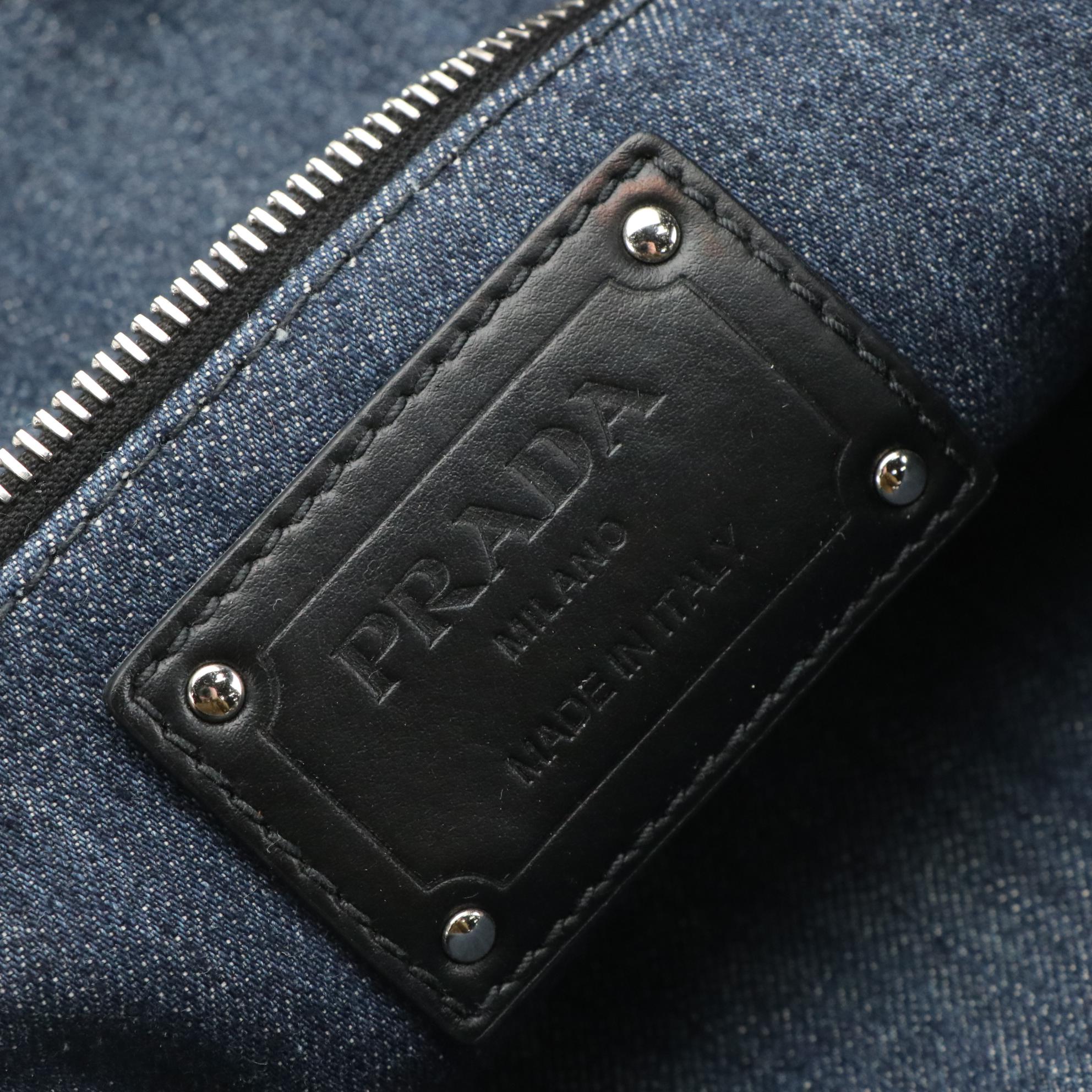 Prada Denim Logo Tote Bag with Black Leather Trim