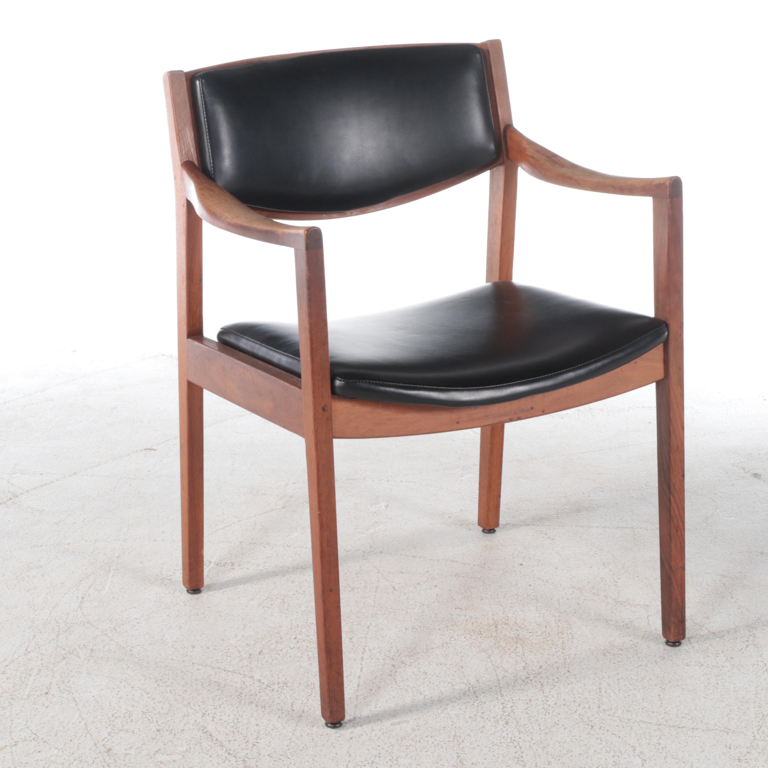 Pair of W.H. Gunlocke Chair Co. Mid Century Modern Walnut and Vinyl Armchairs