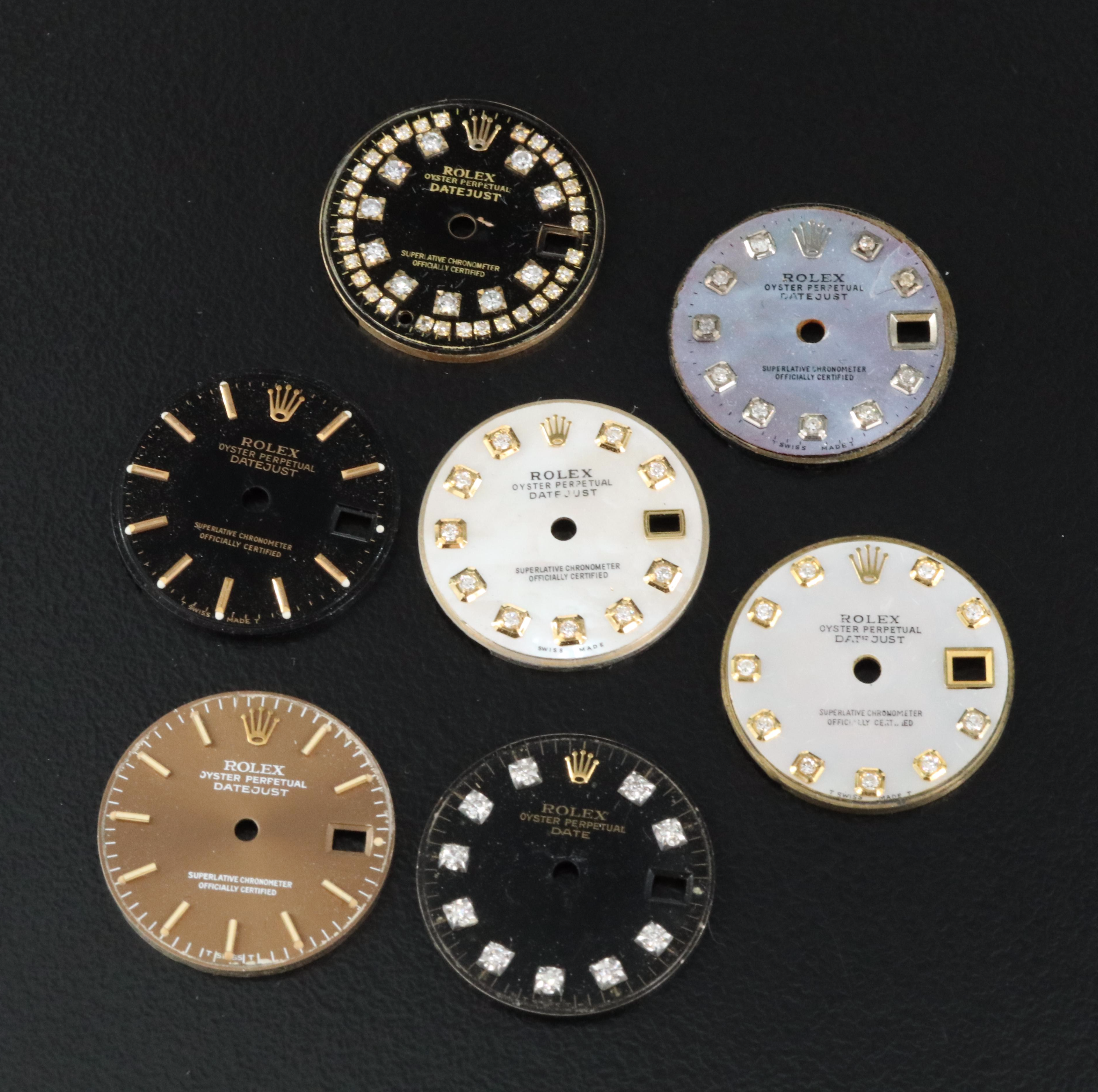 Two 19.8mm Rolex Datejust Watch Dials and Five Aftermarket Diamond Rolex Dials