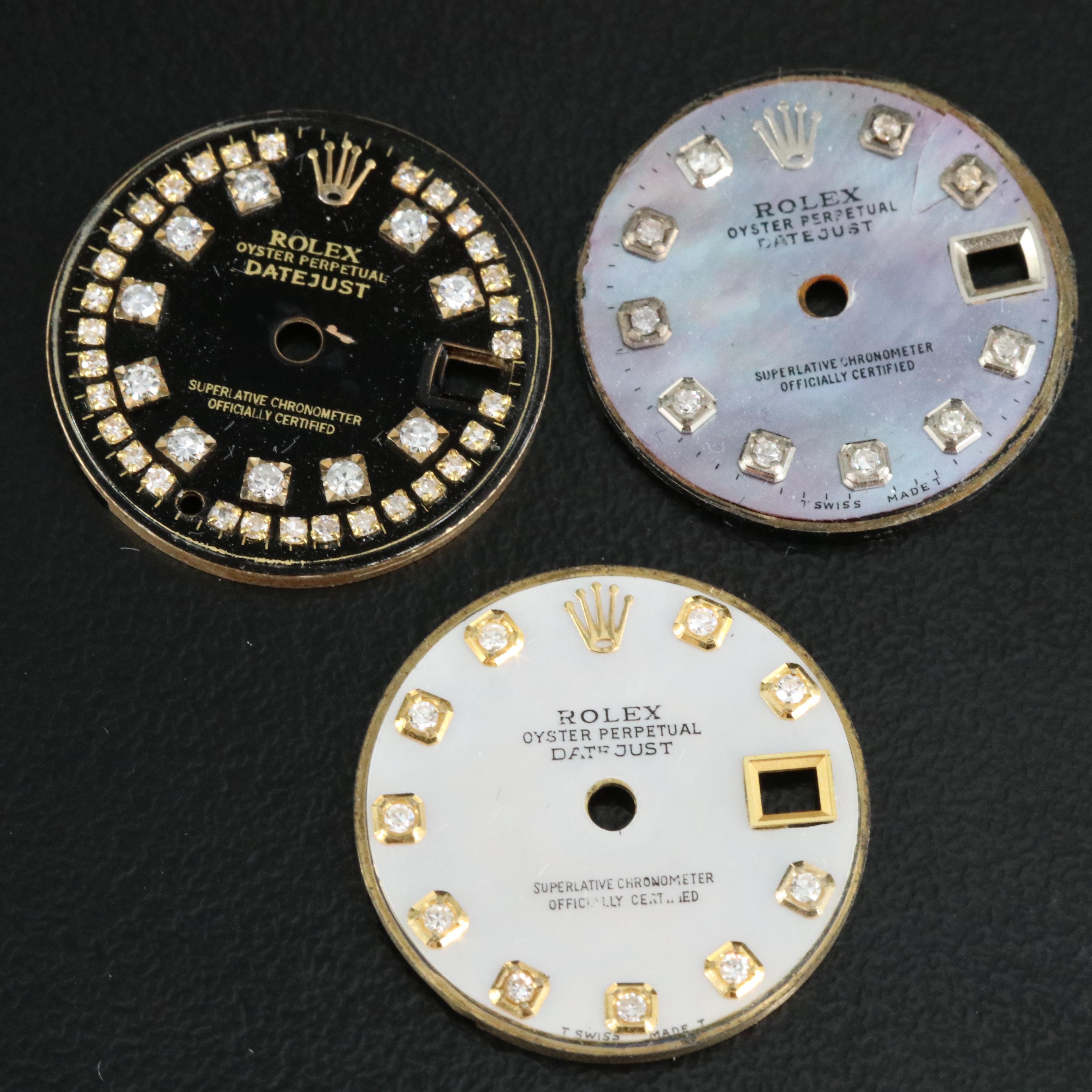 Two 19.8mm Rolex Datejust Watch Dials and Five Aftermarket Diamond Rolex Dials