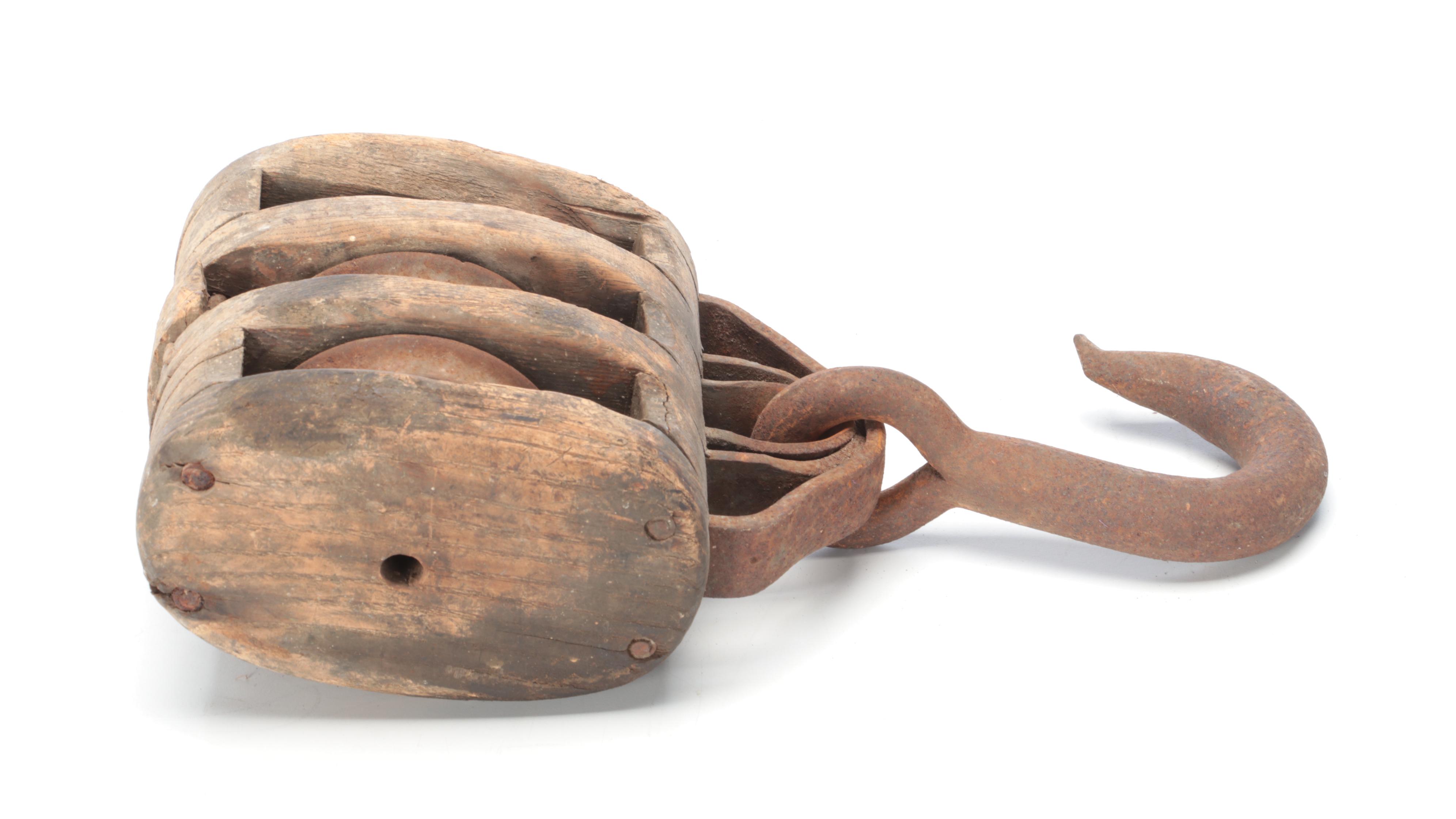 Antique Triple-Sheave Wood and Iron Block Pulley