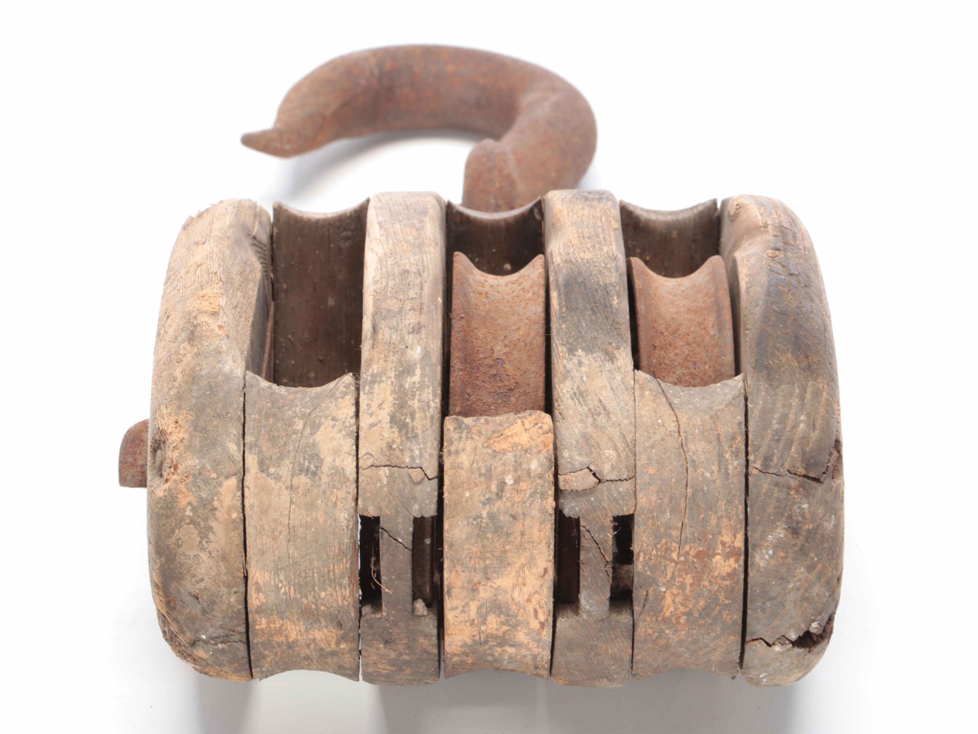Antique TripleSheave Wood and Iron Block Pulley EBTH