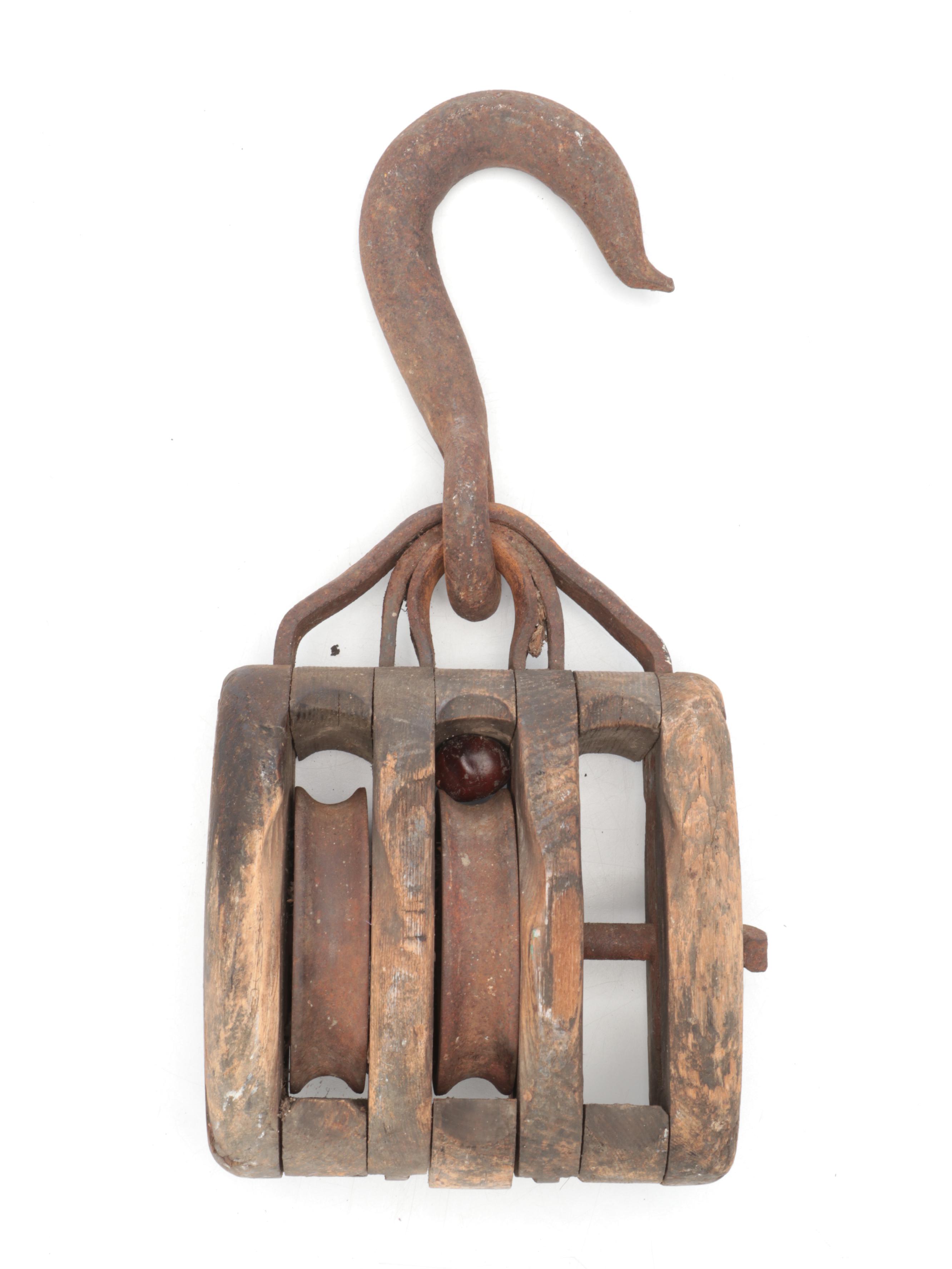 Antique TripleSheave Wood and Iron Block Pulley EBTH
