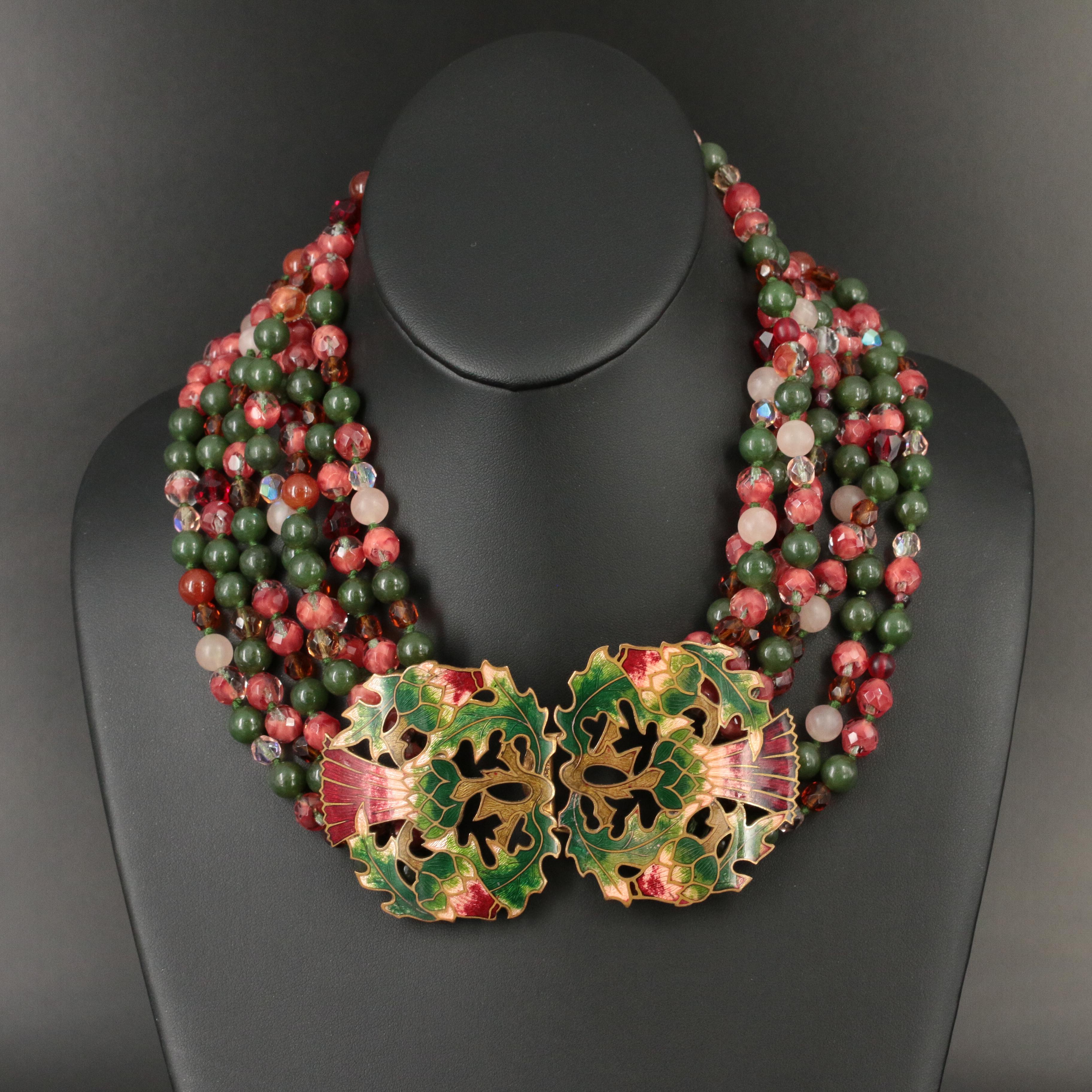 1960s Gemstone and Vintage Glass Torsade Necklace Featuring Enamel Thistle Clasp